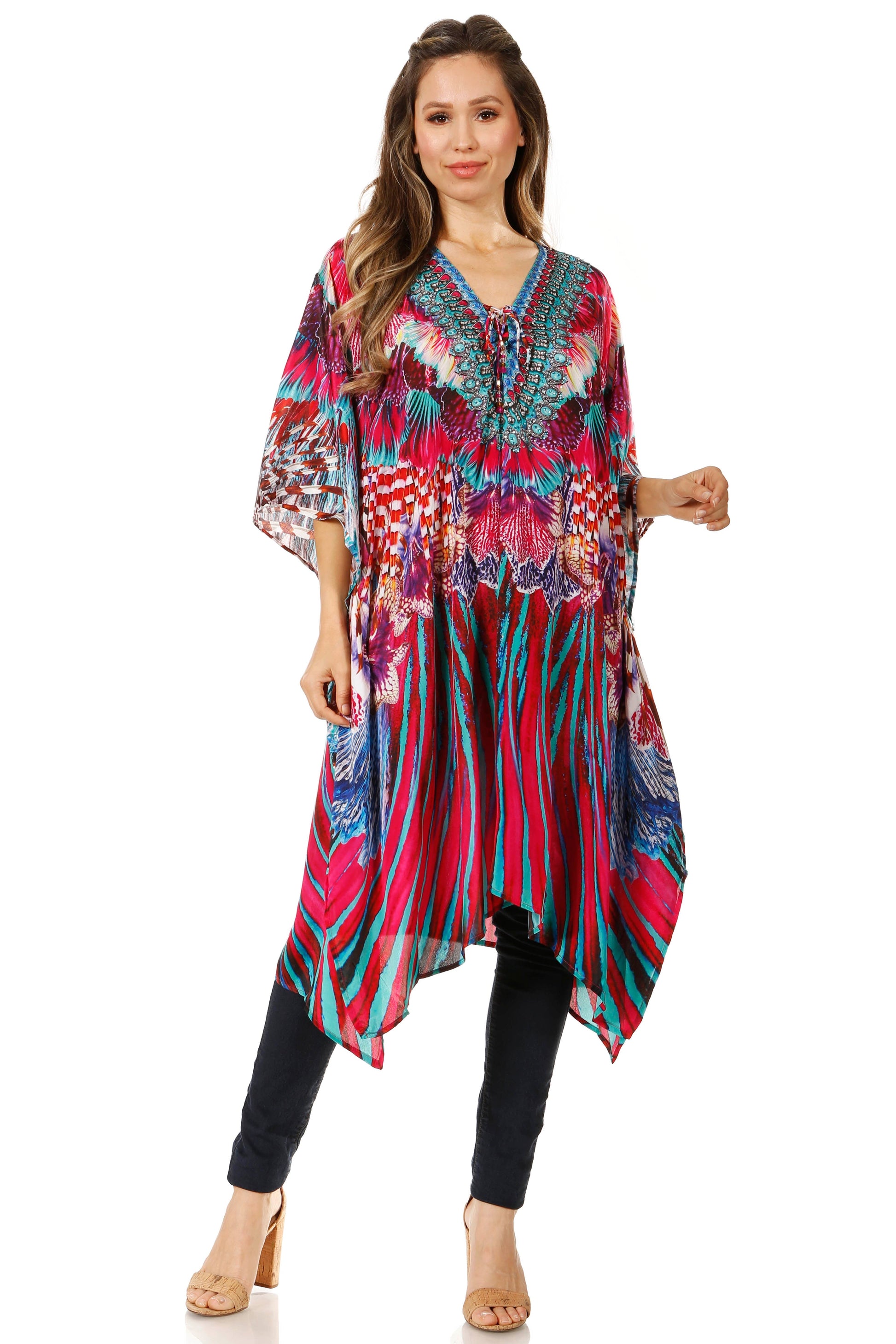 Sakkas Zeni Women's Short sleeve V-neck Summer Floral Print Caftan Dress Cover-up - Concordia Style Boutique
