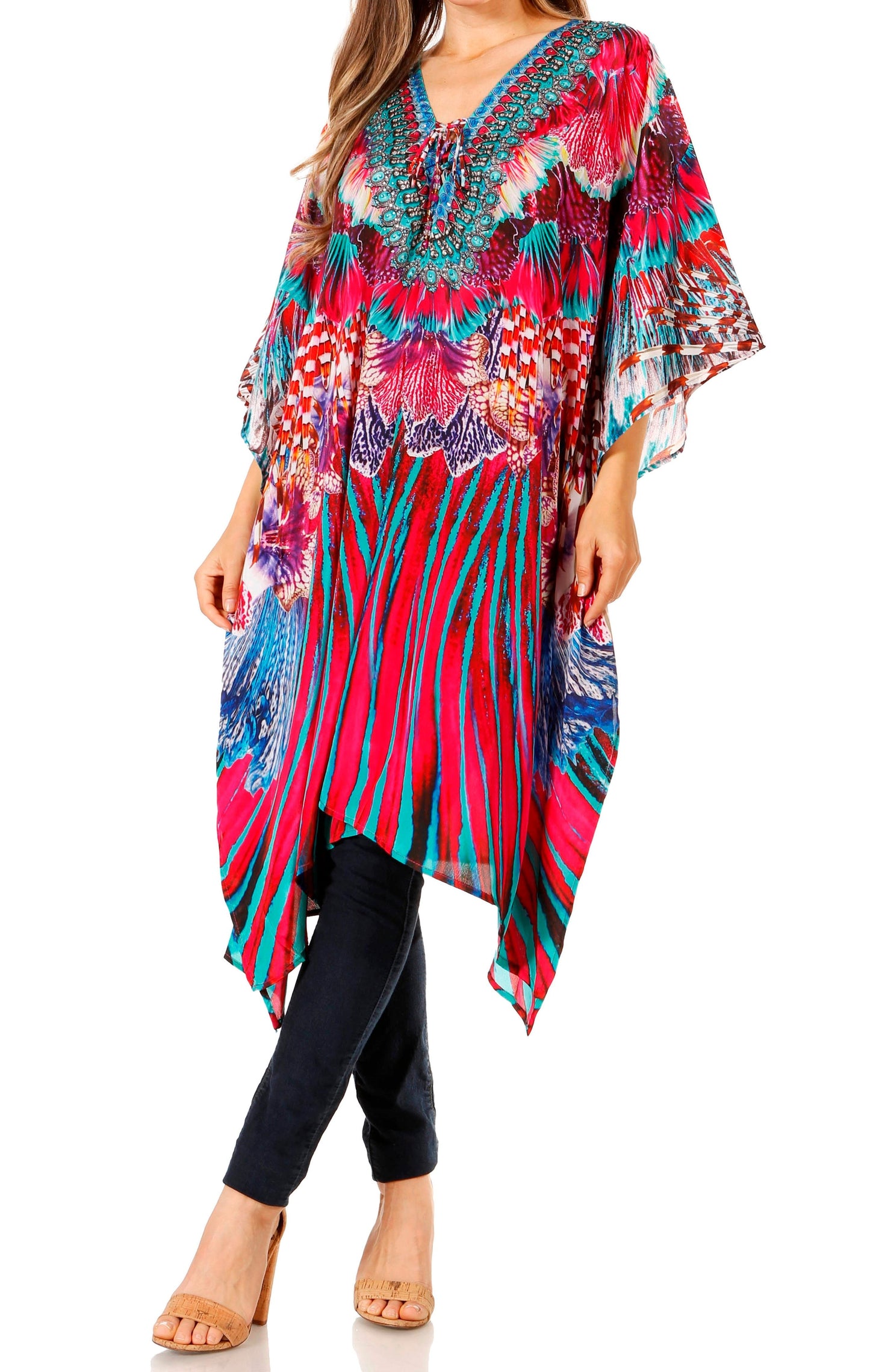 Sakkas Zeni Women's Short sleeve V-neck Summer Floral Print Caftan Dress Cover-up - Concordia Style Boutique