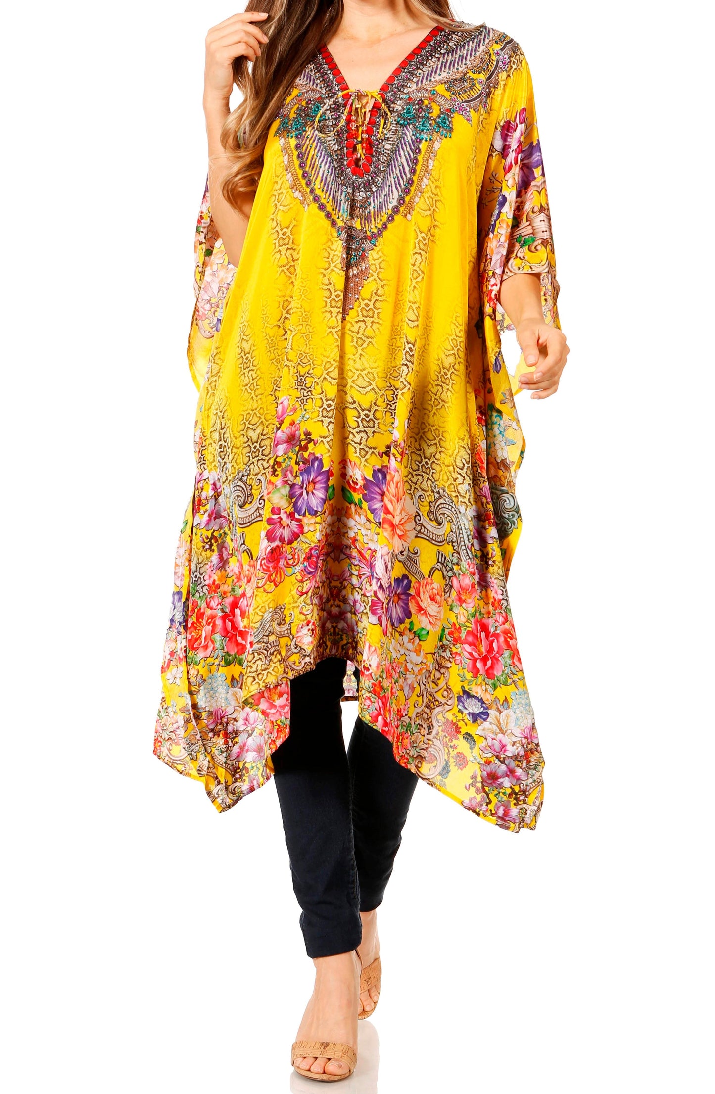 Sakkas Zeni Women's Short sleeve V-neck Summer Floral Print Caftan Dress Cover-up - Concordia Style Boutique