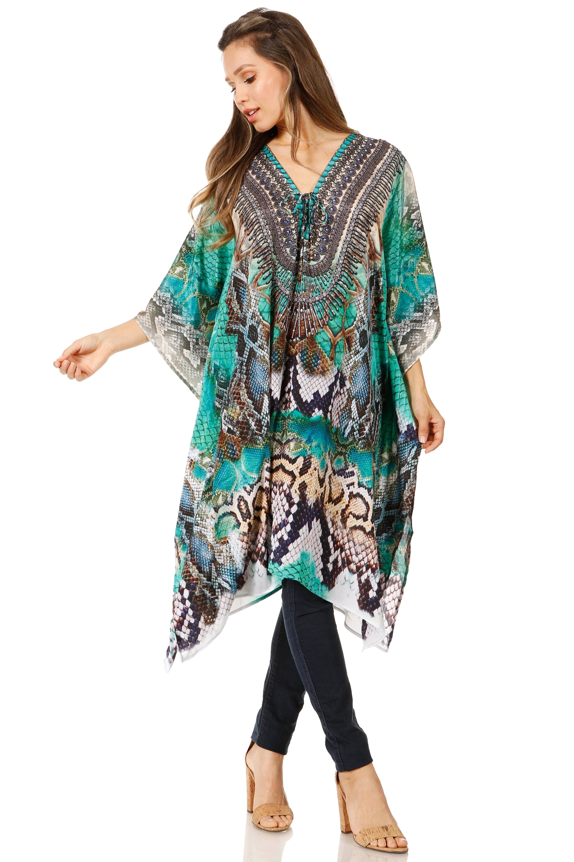Sakkas Zeni Women's Short sleeve V-neck Summer Floral Print Caftan Dress Cover-up - Concordia Style Boutique