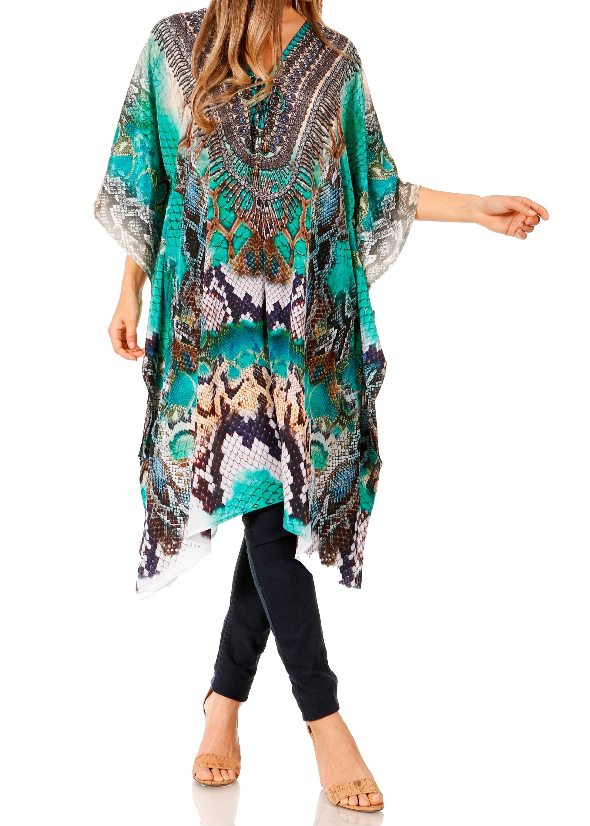 Sakkas Zeni Women's Short sleeve V-neck Summer Floral Print Caftan Dress Cover-up - Concordia Style Boutique