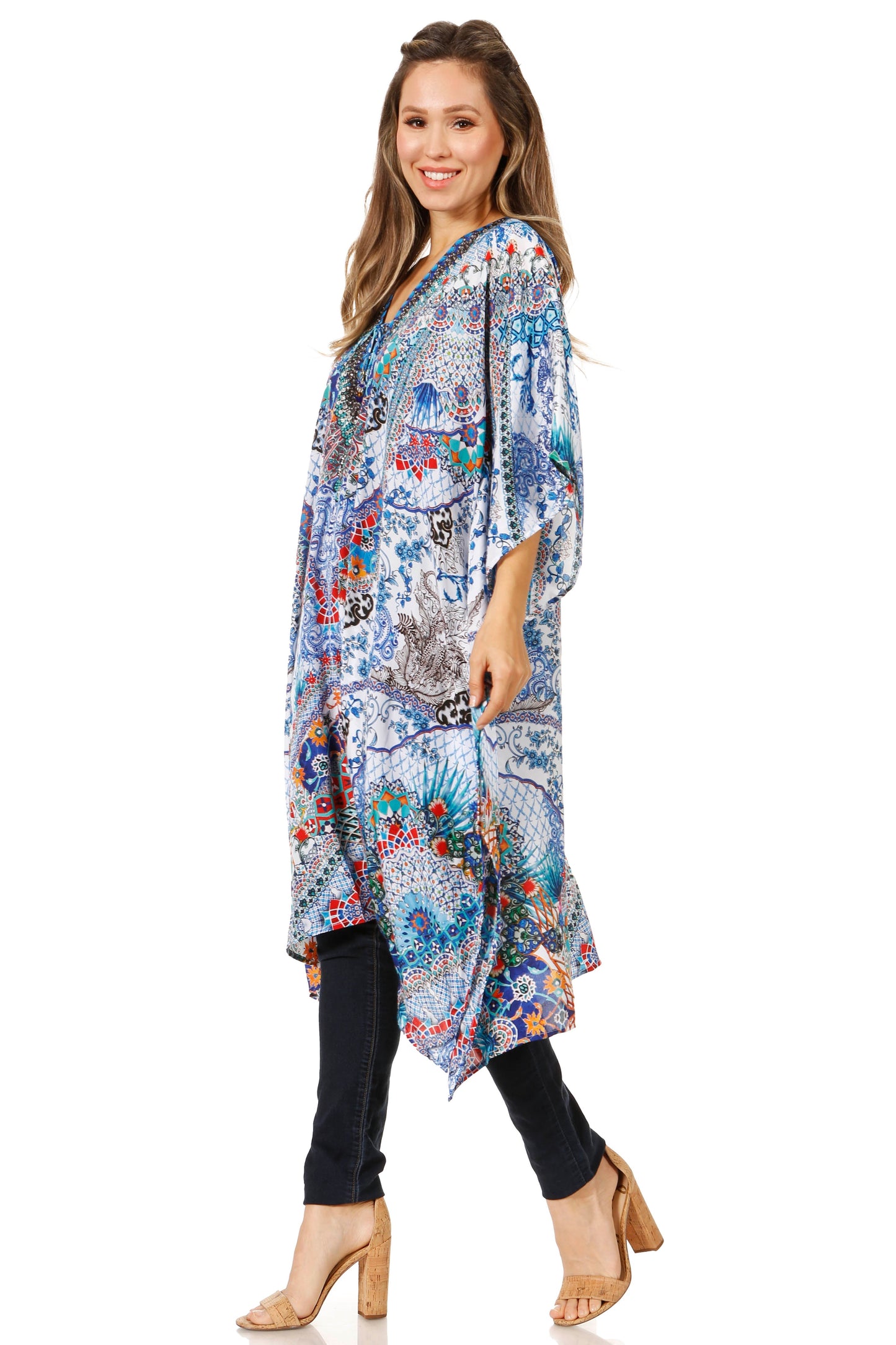 Sakkas Zeni Women's Short sleeve V-neck Summer Floral Print Caftan Dress Cover-up - Concordia Style Boutique
