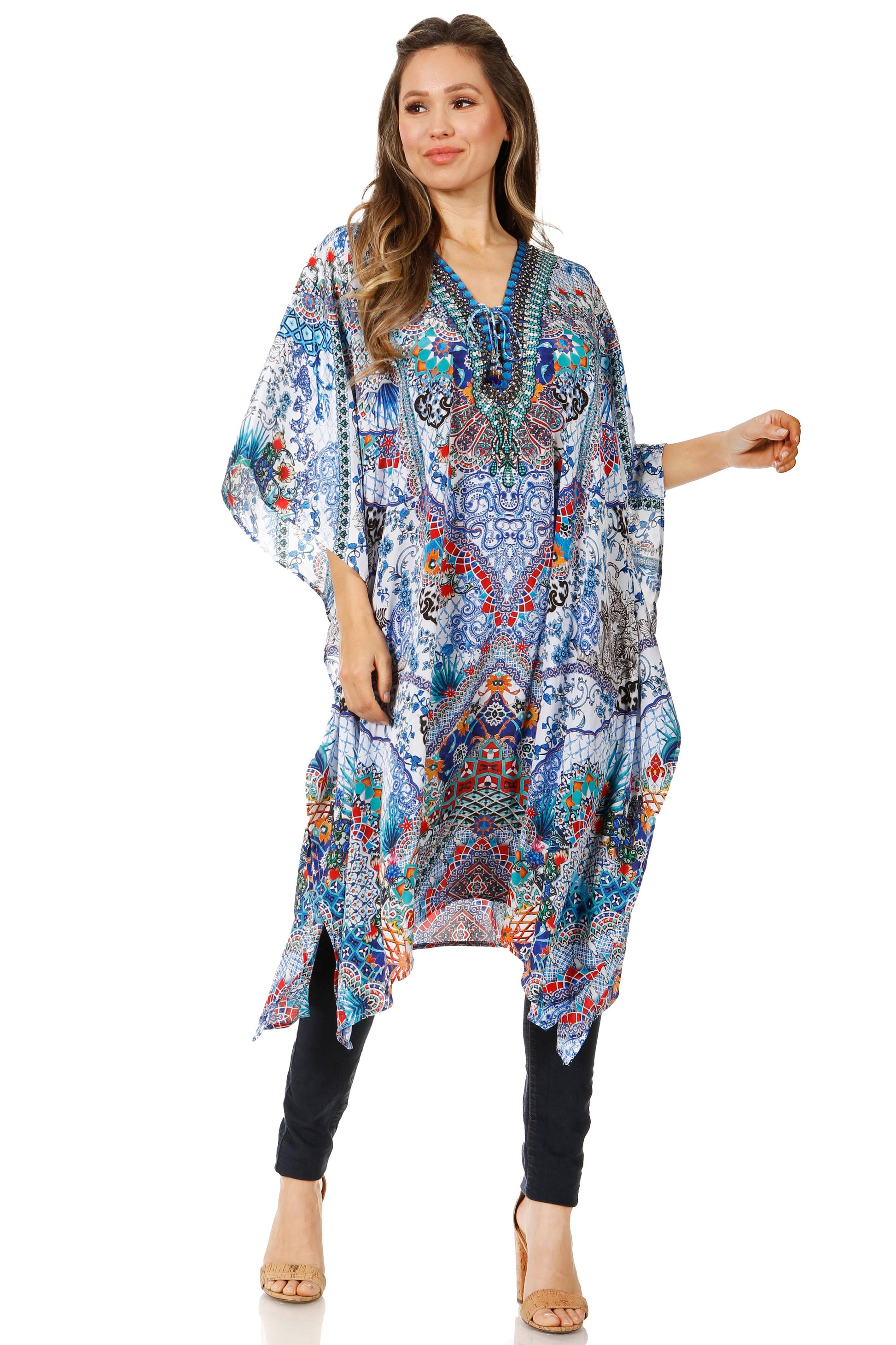 Sakkas Zeni Women's Short sleeve V-neck Summer Floral Print Caftan Dress Cover-up - Concordia Style Boutique