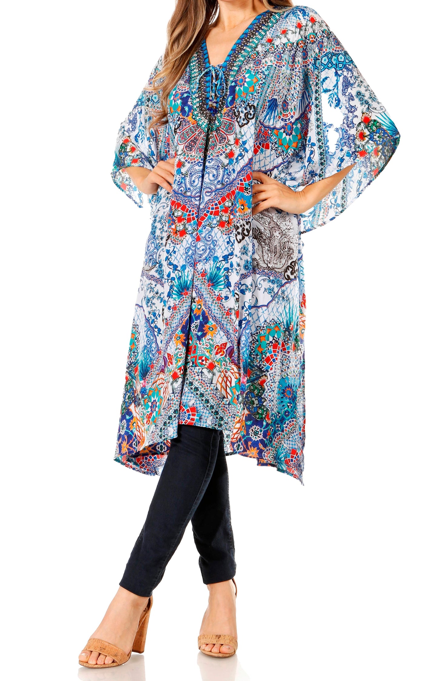 Sakkas Zeni Women's Short sleeve V-neck Summer Floral Print Caftan Dress Cover-up - Concordia Style Boutique