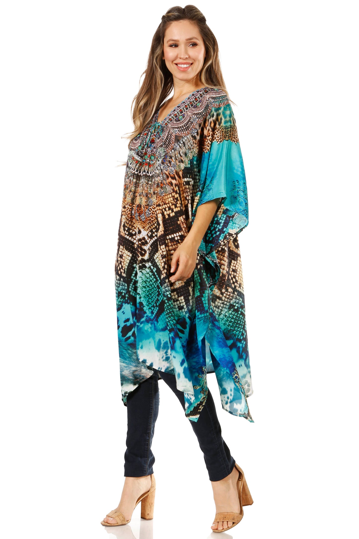 Sakkas Zeni Women's Short sleeve V-neck Summer Floral Print Caftan Dress Cover-up - Concordia Style Boutique