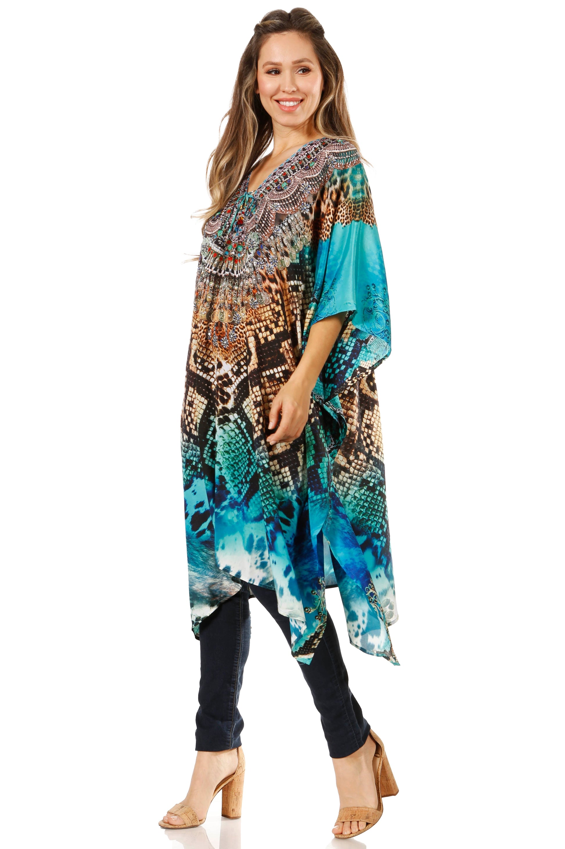 Sakkas Zeni Women's Short sleeve V-neck Summer Floral Print Caftan Dress Cover-up - Concordia Style Boutique