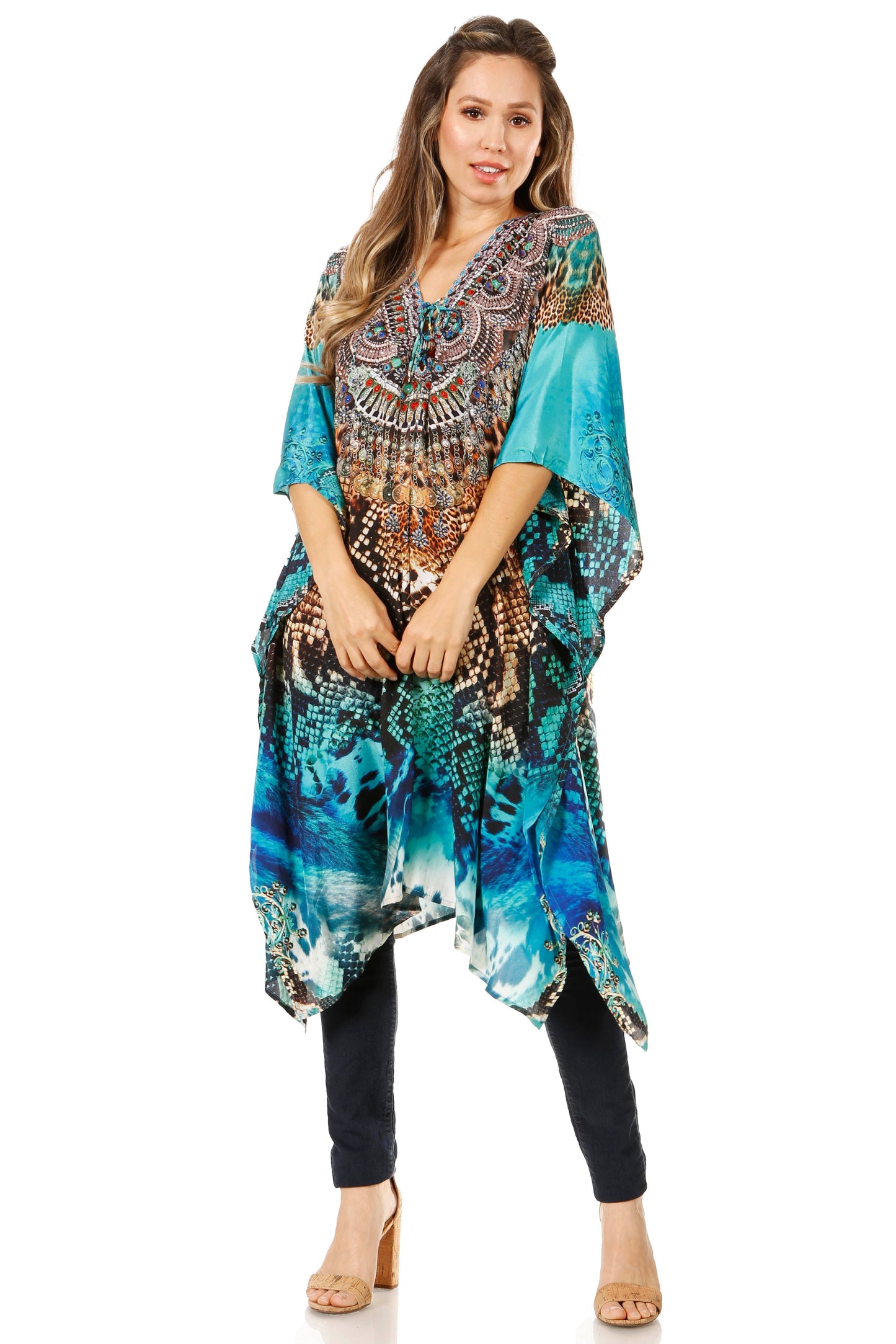 Sakkas Zeni Women's Short sleeve V-neck Summer Floral Print Caftan Dress Cover-up - Concordia Style Boutique