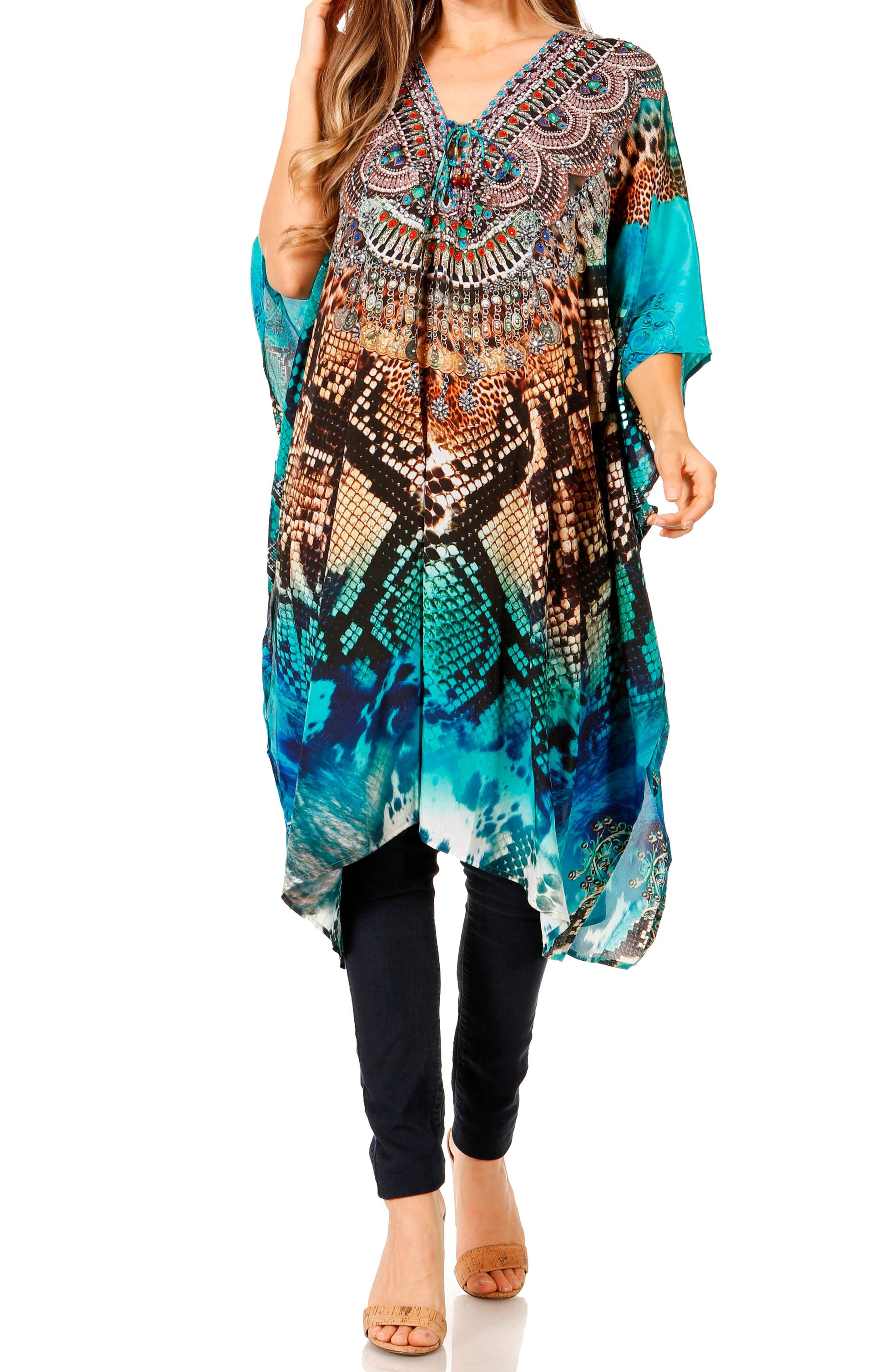 Sakkas Zeni Women's Short sleeve V-neck Summer Floral Print Caftan Dress Cover-up - Concordia Style Boutique