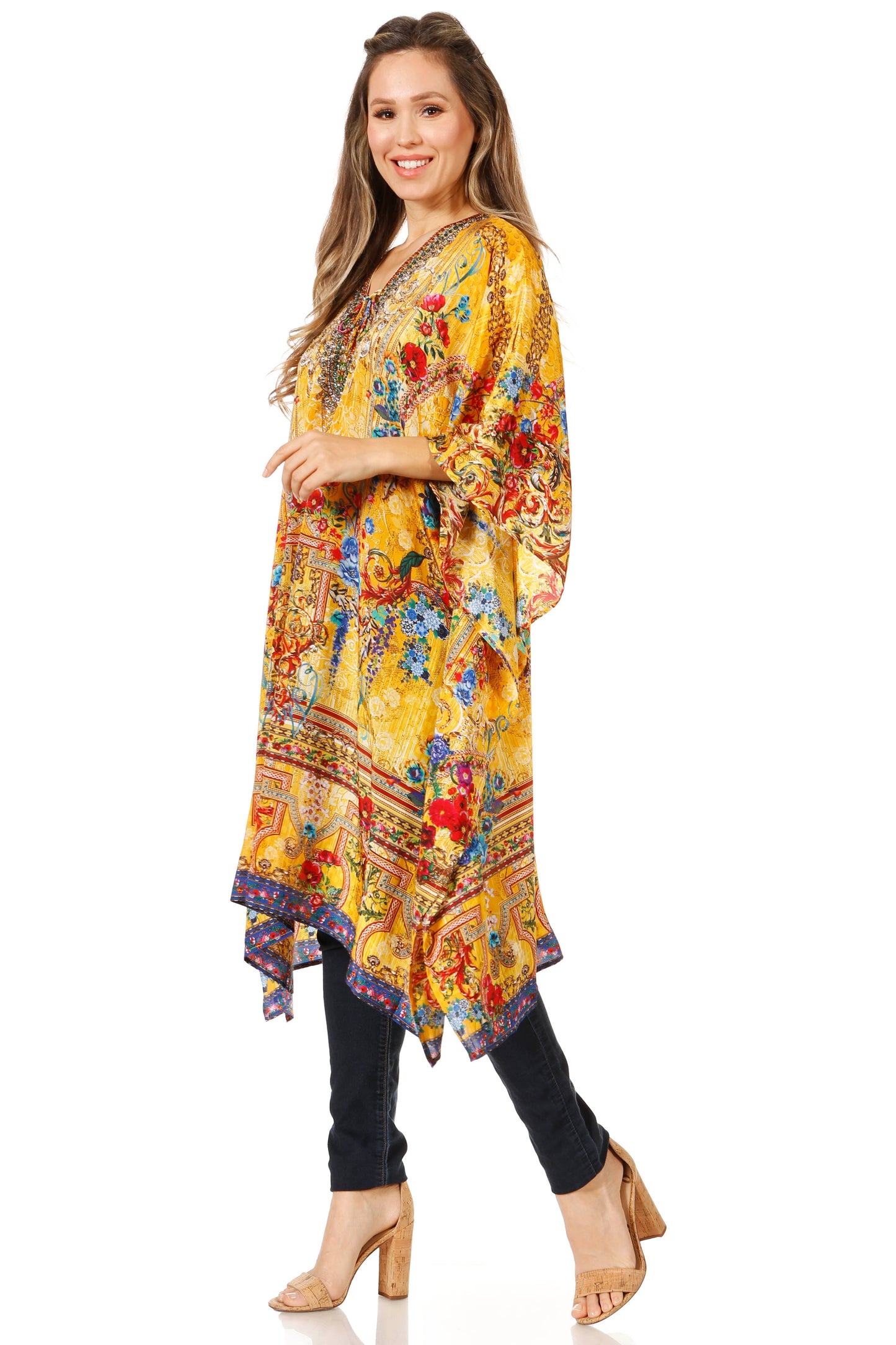 Sakkas Zeni Women's Short sleeve V-neck Summer Floral Print Caftan Dress Cover-up - Concordia Style Boutique