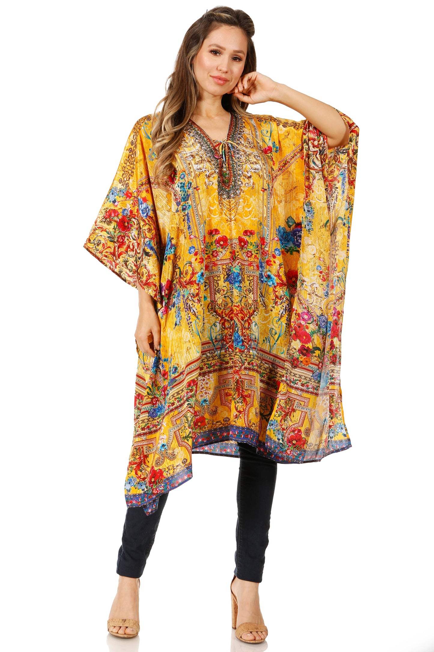 Sakkas Zeni Women's Short sleeve V-neck Summer Floral Print Caftan Dress Cover-up - Concordia Style Boutique