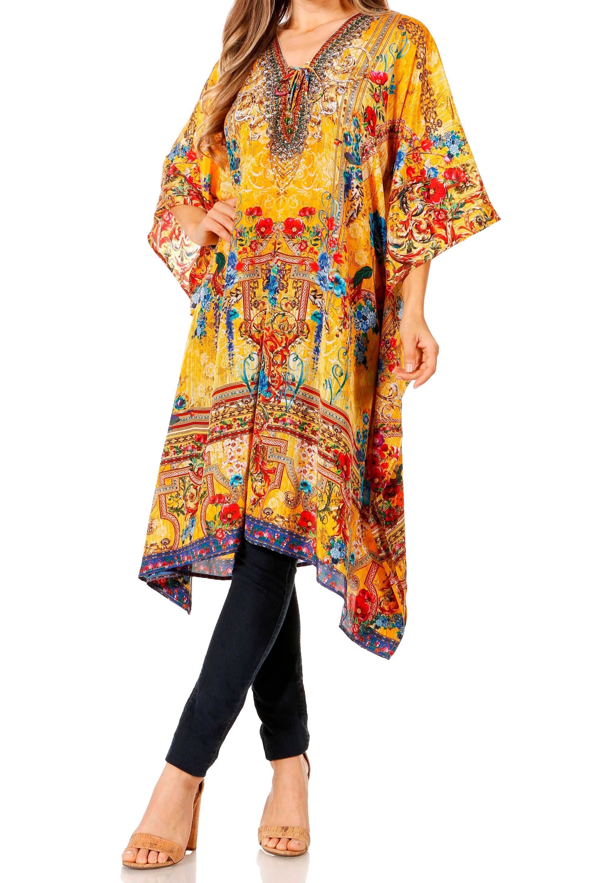 Sakkas Zeni Women's Short sleeve V-neck Summer Floral Print Caftan Dress Cover-up - Concordia Style Boutique