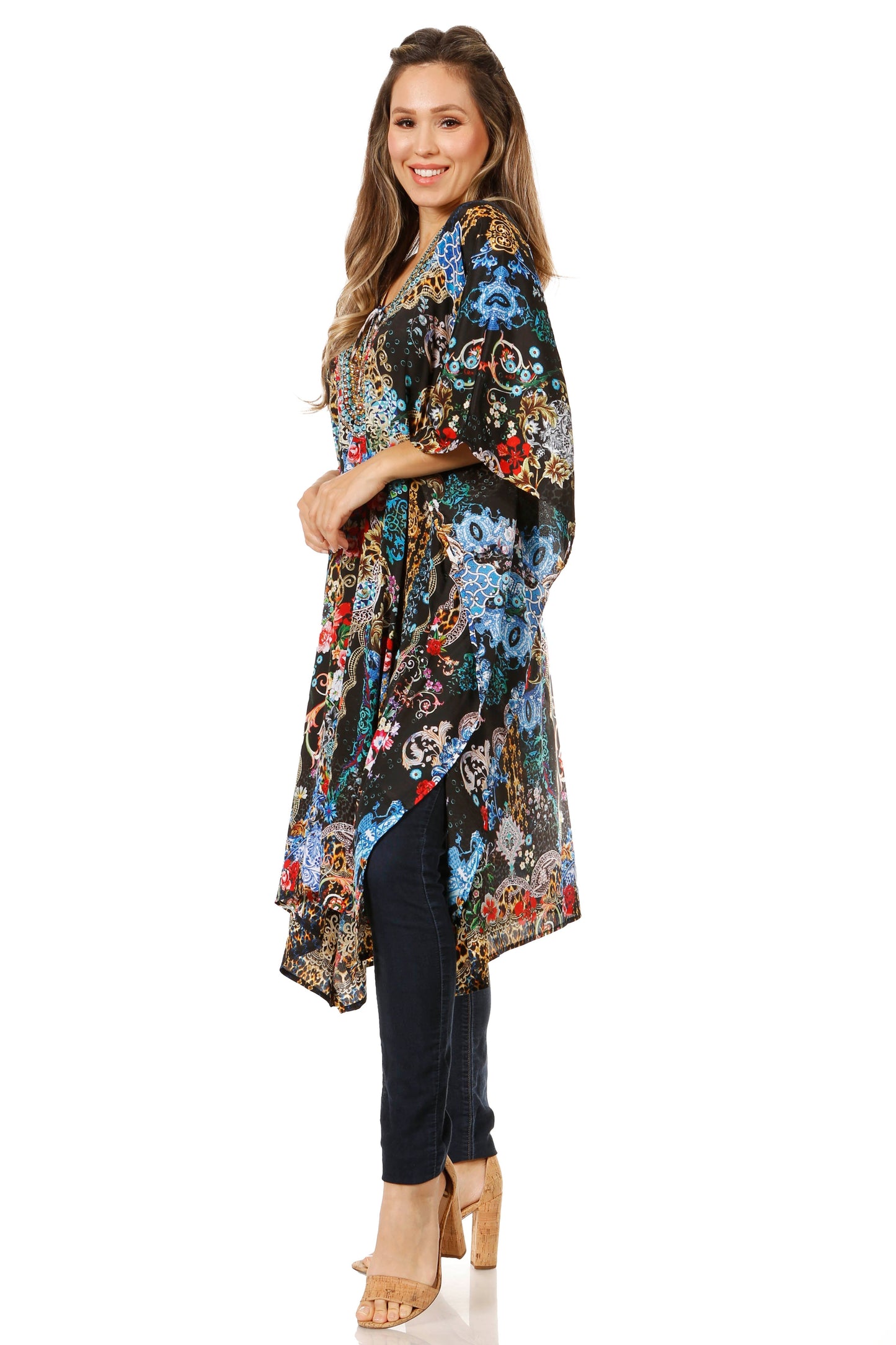 Sakkas Zeni Women's Short sleeve V-neck Summer Floral Print Caftan Dress Cover-up - Concordia Style Boutique