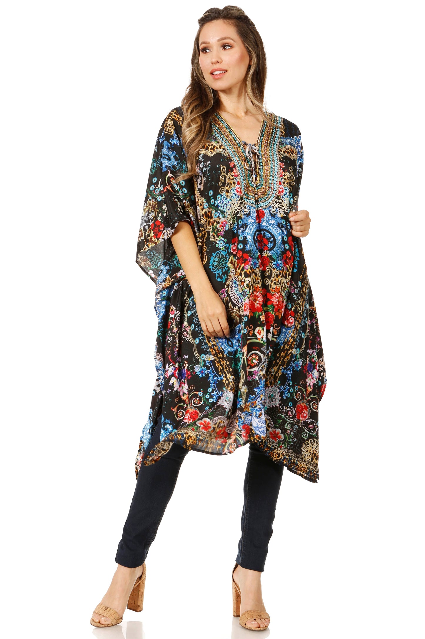 Sakkas Zeni Women's Short sleeve V-neck Summer Floral Print Caftan Dress Cover-up - Concordia Style Boutique