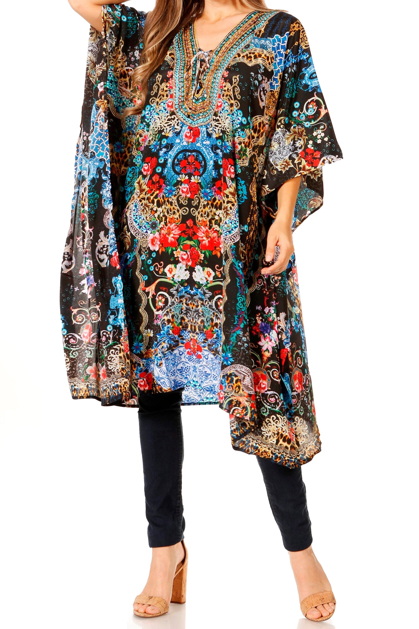 Sakkas Zeni Women's Short sleeve V-neck Summer Floral Print Caftan Dress Cover-up - Concordia Style Boutique