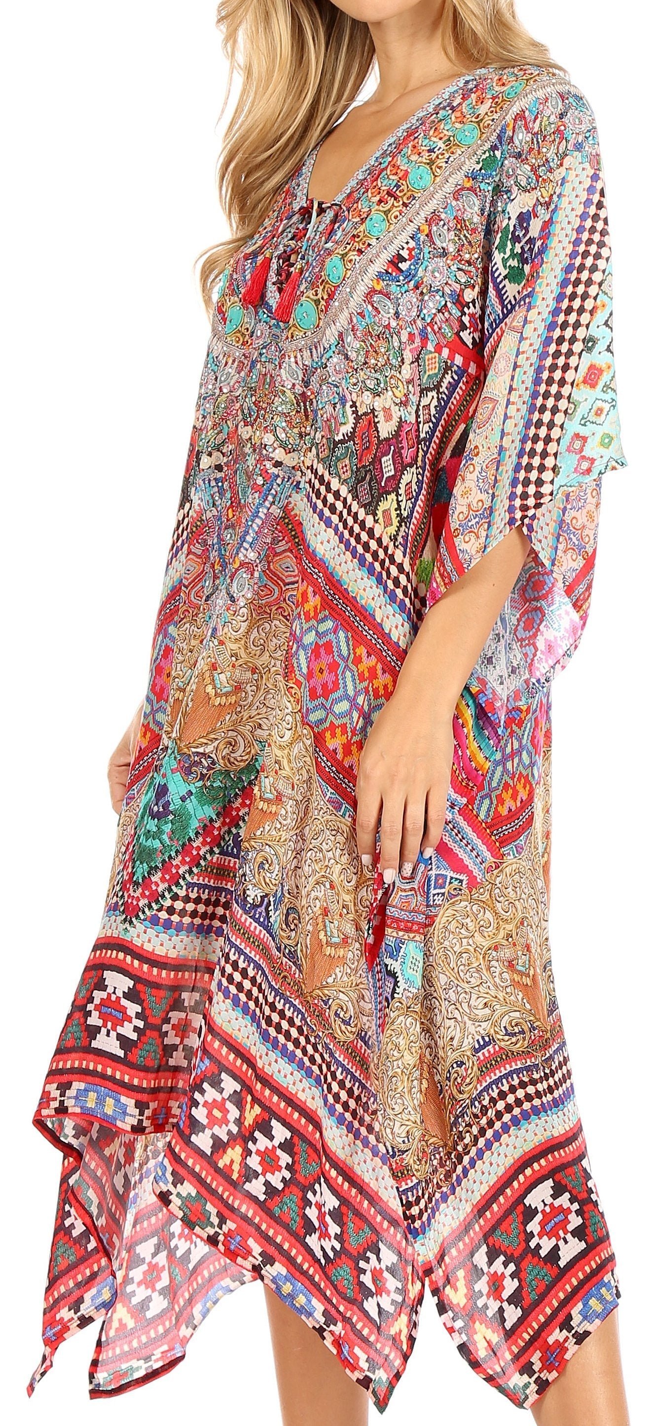 Sakkas Zeni Women's Short sleeve V-neck Summer Floral Print Caftan Dress Cover-up - Concordia Style Boutique