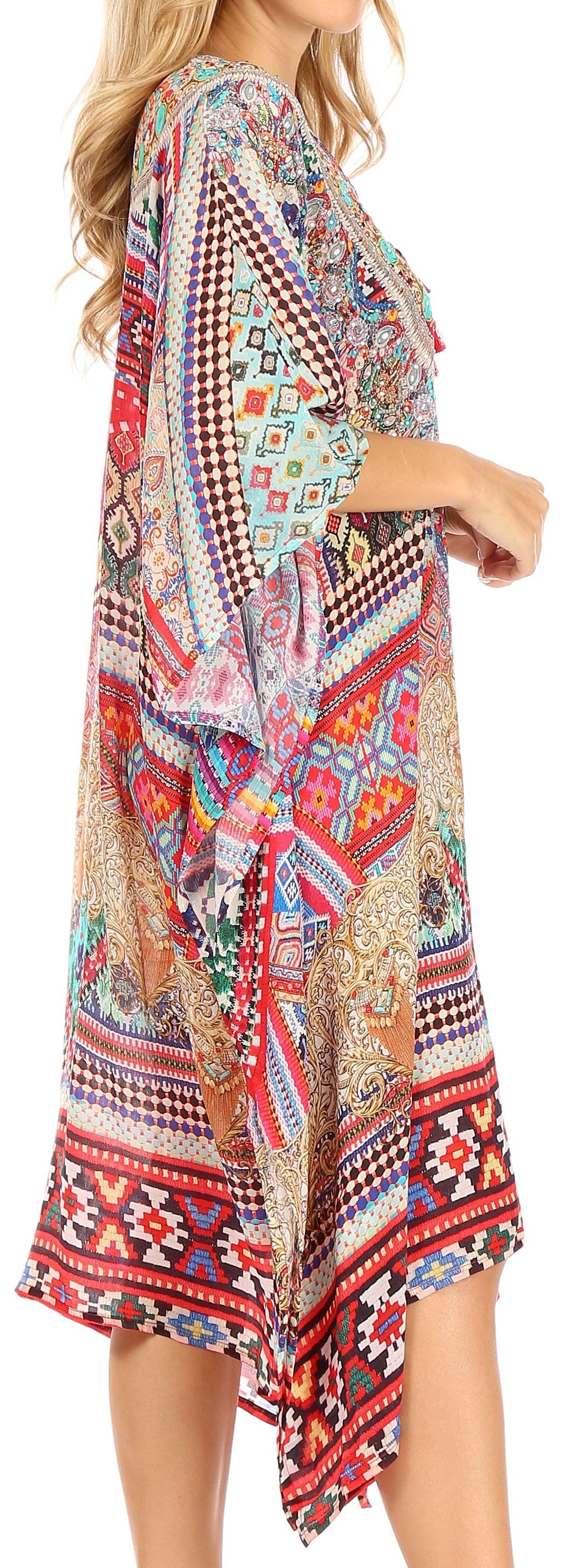 Sakkas Zeni Women's Short sleeve V-neck Summer Floral Print Caftan Dress Cover-up - Concordia Style Boutique