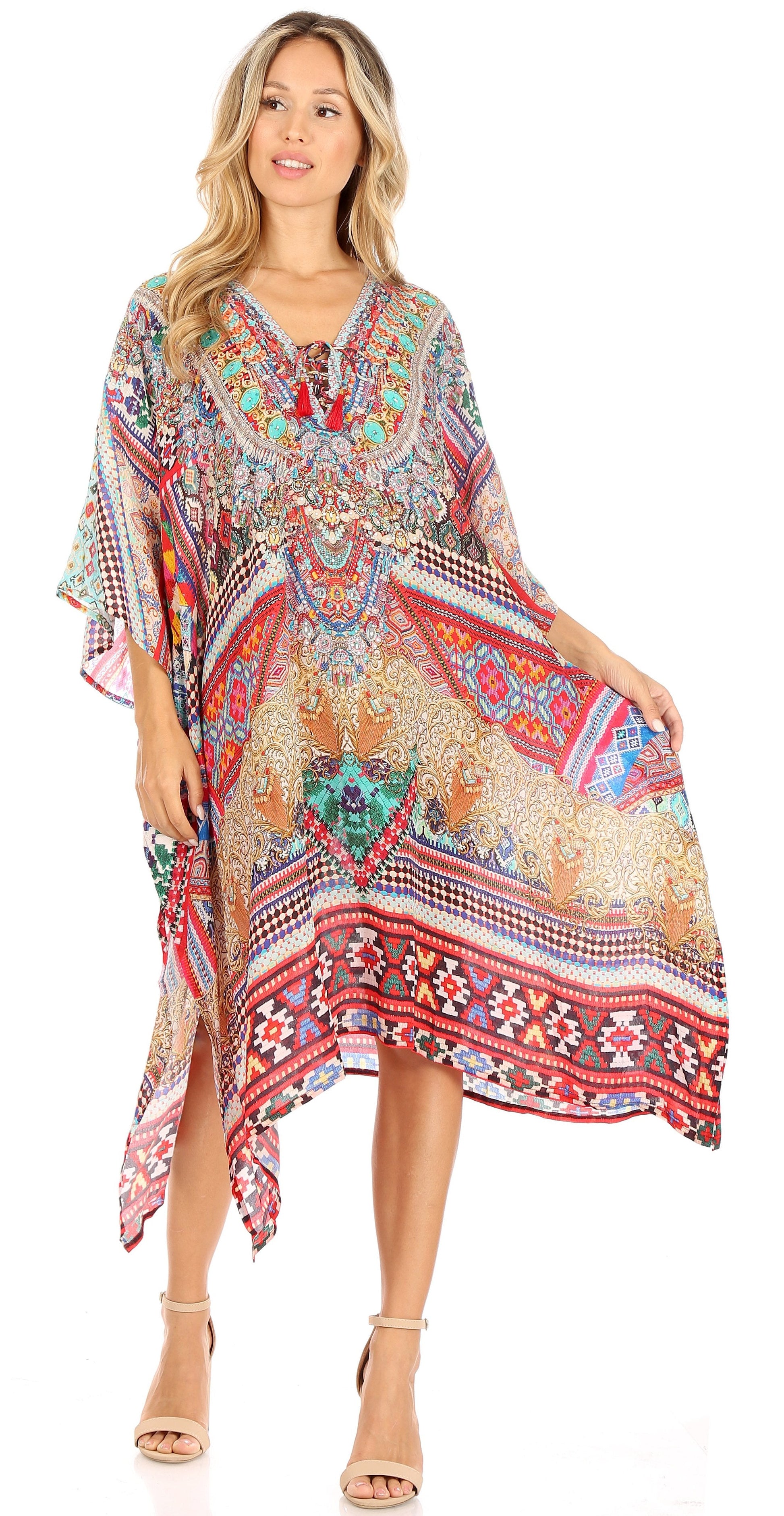 Sakkas Zeni Women's Short sleeve V-neck Summer Floral Print Caftan Dress Cover-up - Concordia Style Boutique