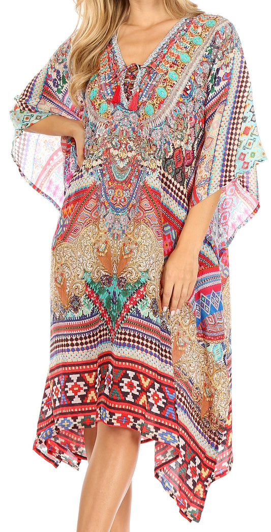 Sakkas Zeni Women's Short sleeve V-neck Summer Floral Print Caftan Dress Cover-up - Concordia Style Boutique