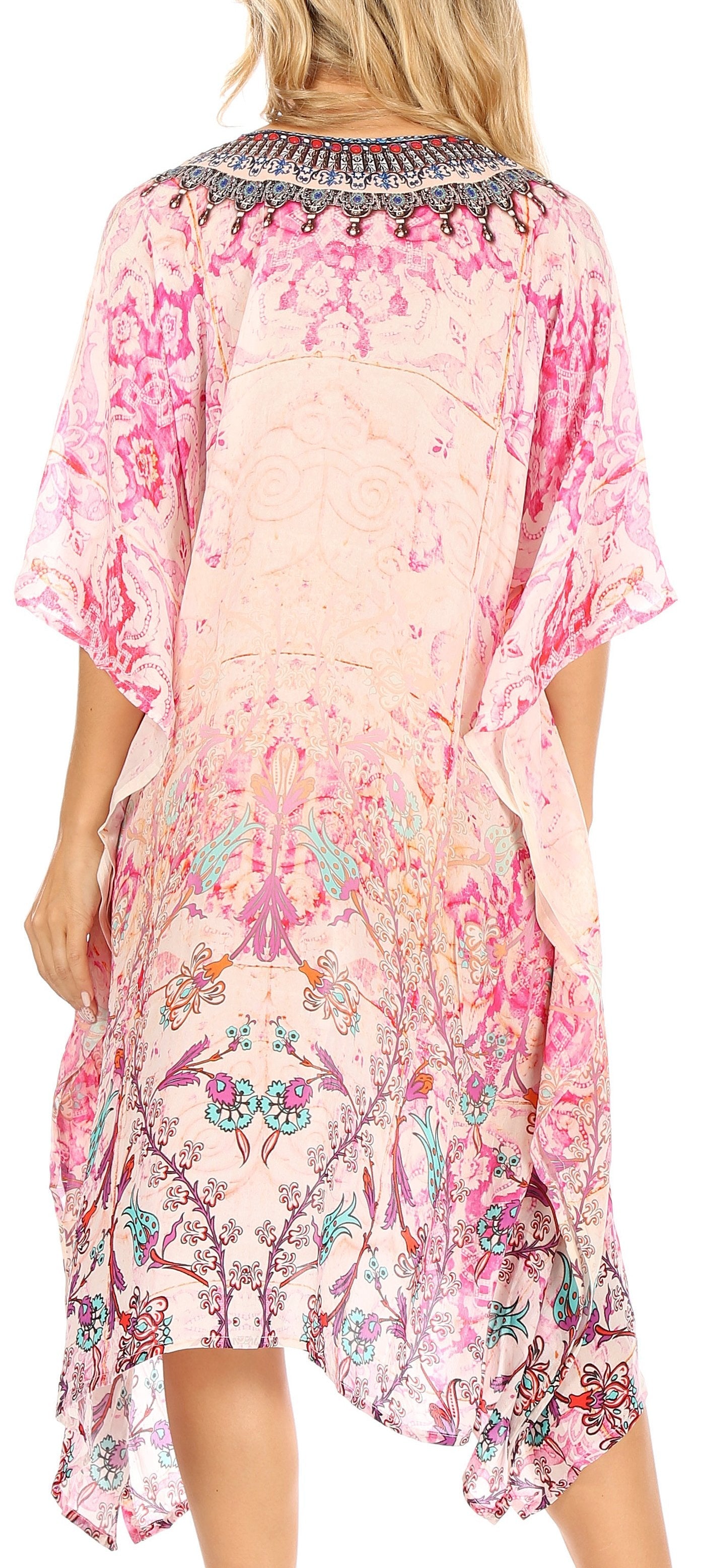 Sakkas Zeni Women's Short sleeve V-neck Summer Floral Print Caftan Dress Cover-up - Concordia Style Boutique