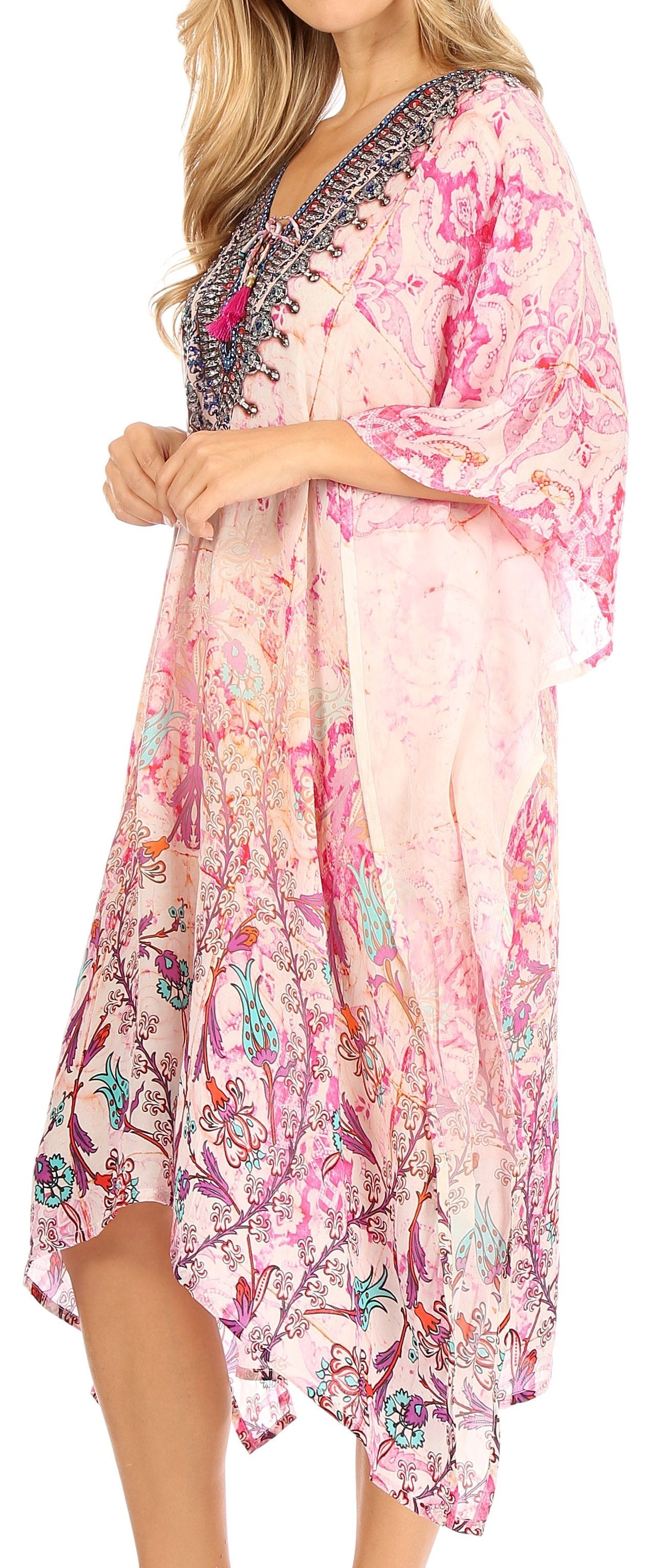 Sakkas Zeni Women's Short sleeve V-neck Summer Floral Print Caftan Dress Cover-up - Concordia Style Boutique