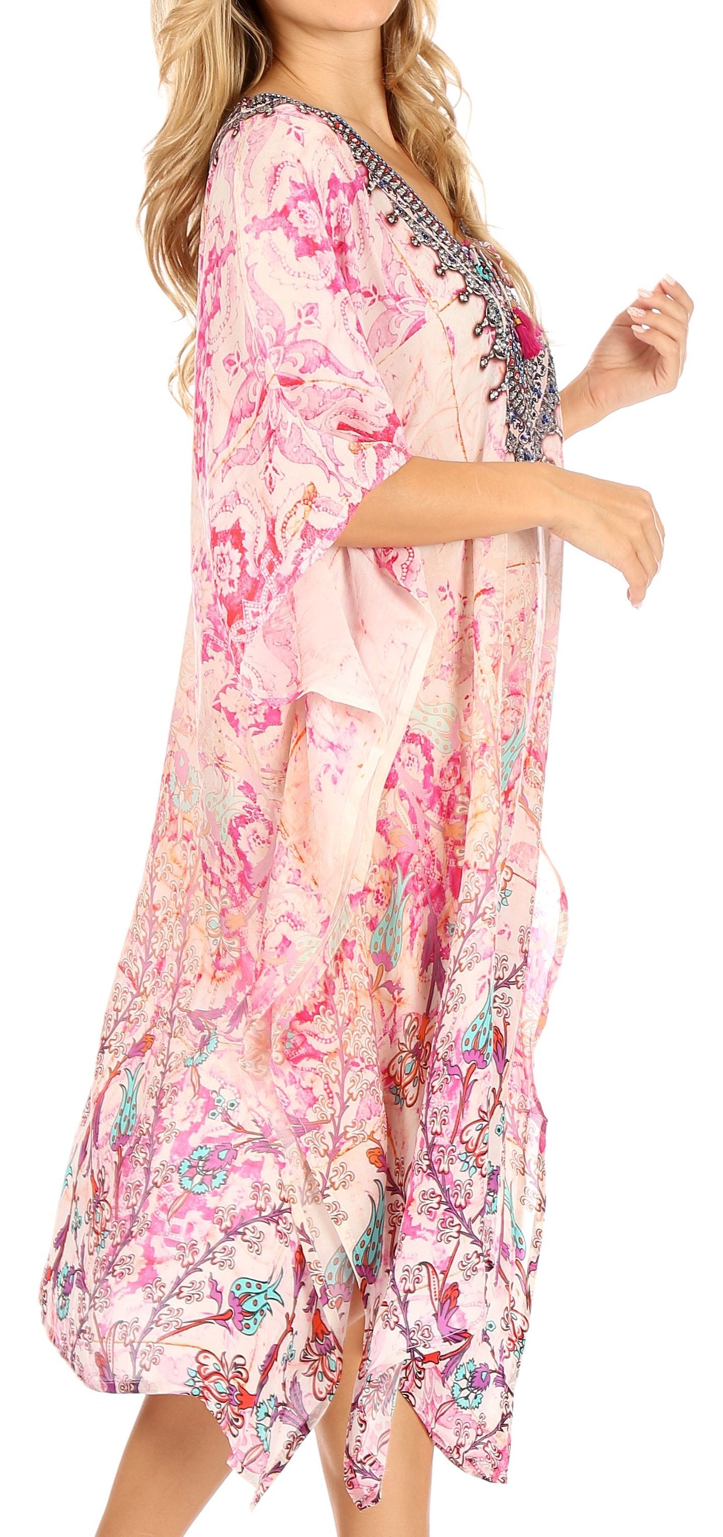 Sakkas Zeni Women's Short sleeve V-neck Summer Floral Print Caftan Dress Cover-up - Concordia Style Boutique