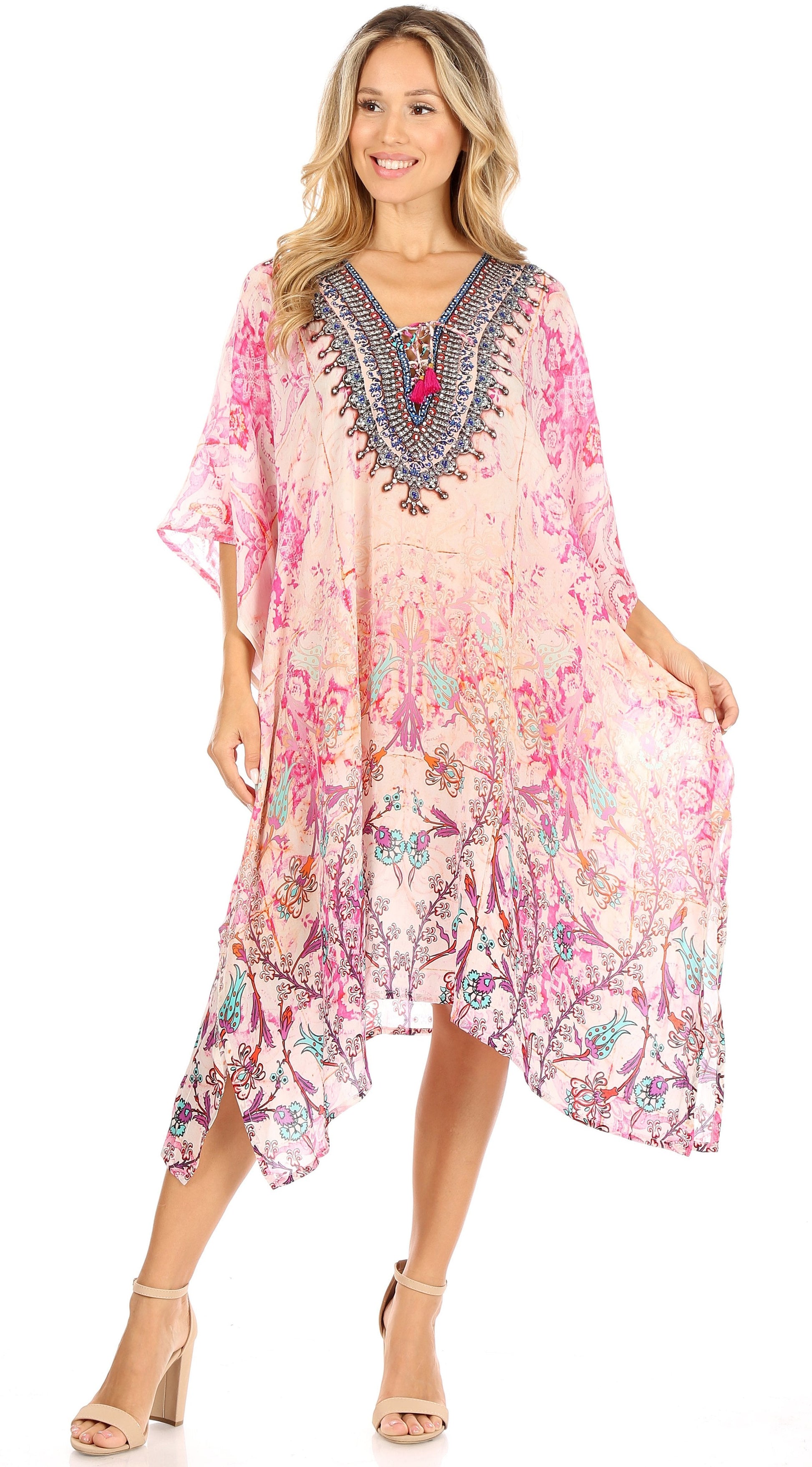 Sakkas Zeni Women's Short sleeve V-neck Summer Floral Print Caftan Dress Cover-up - Concordia Style Boutique