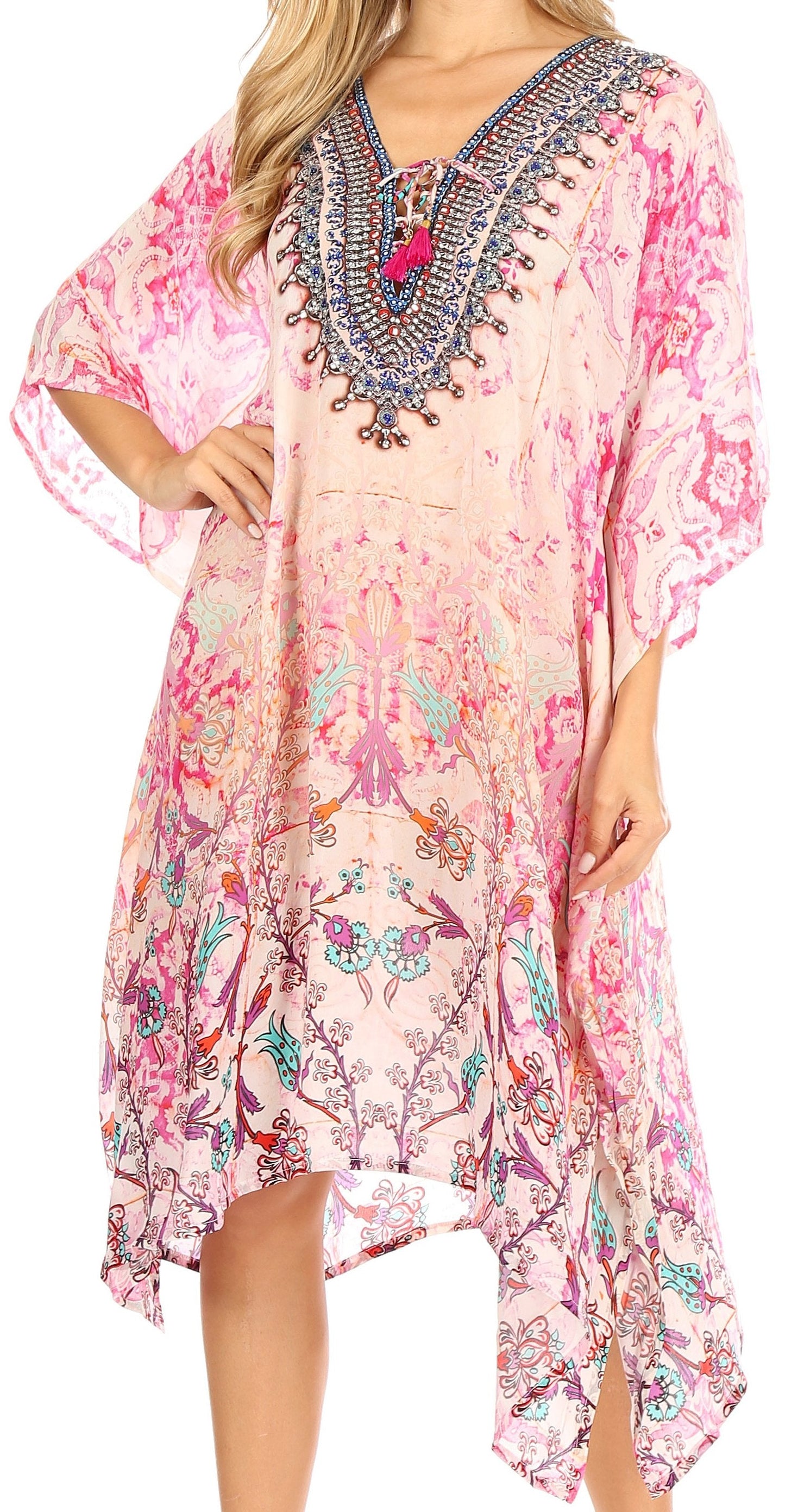 Sakkas Zeni Women's Short sleeve V-neck Summer Floral Print Caftan Dress Cover-up - Concordia Style Boutique