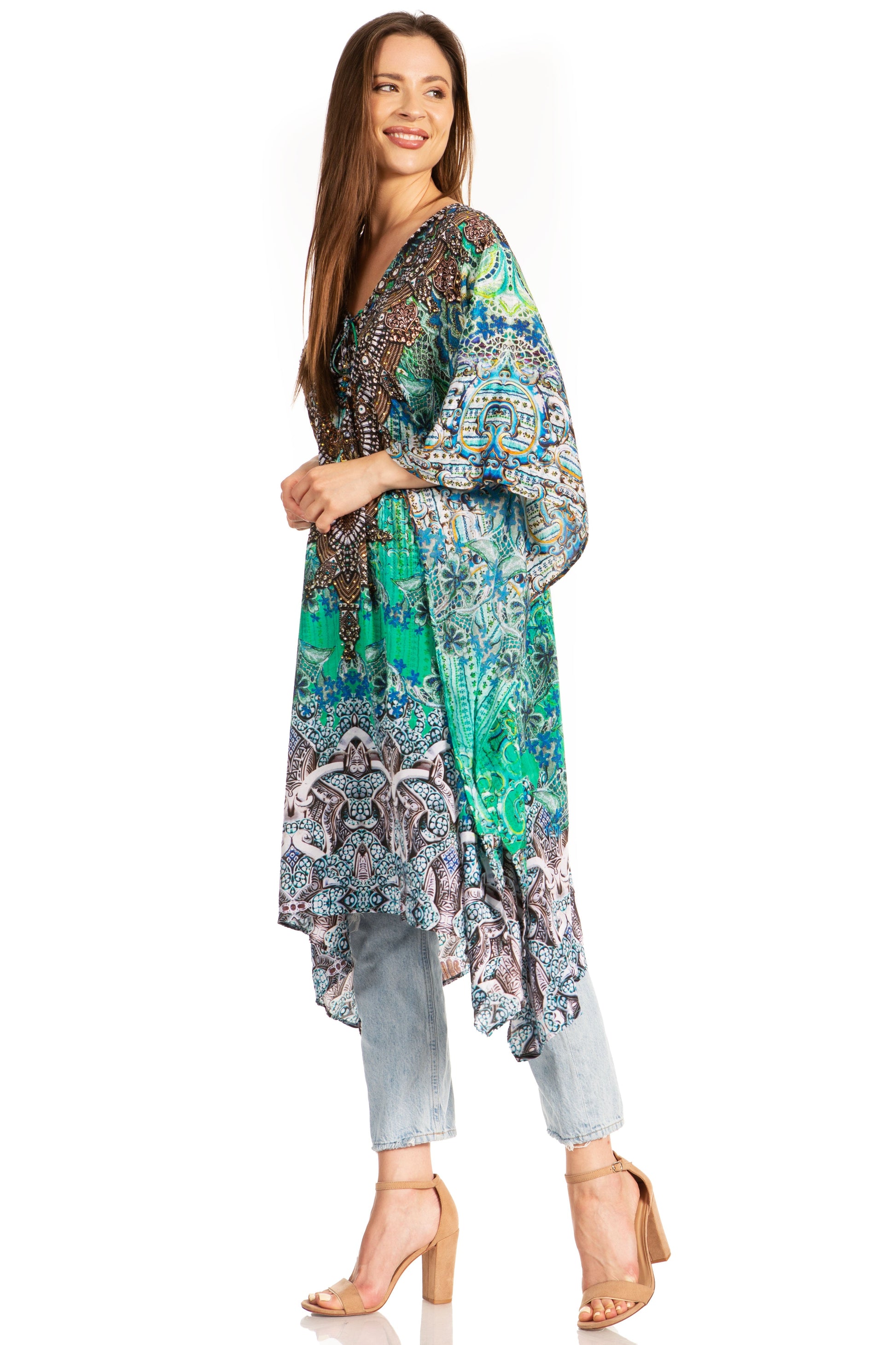 Sakkas Zeni Women's Short sleeve V-neck Summer Floral Print Caftan Dress Cover-up - Concordia Style Boutique