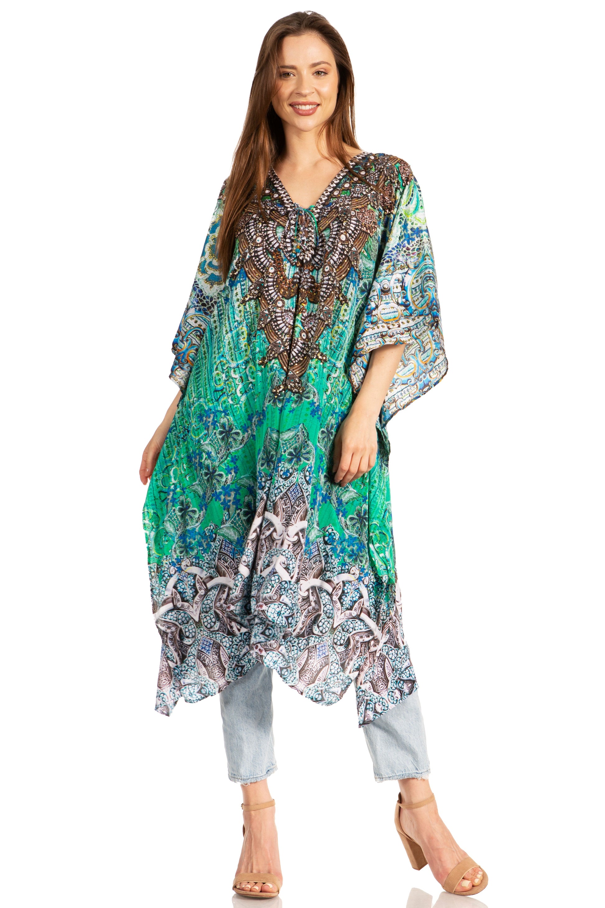 Sakkas Zeni Women's Short sleeve V-neck Summer Floral Print Caftan Dress Cover-up - Concordia Style Boutique