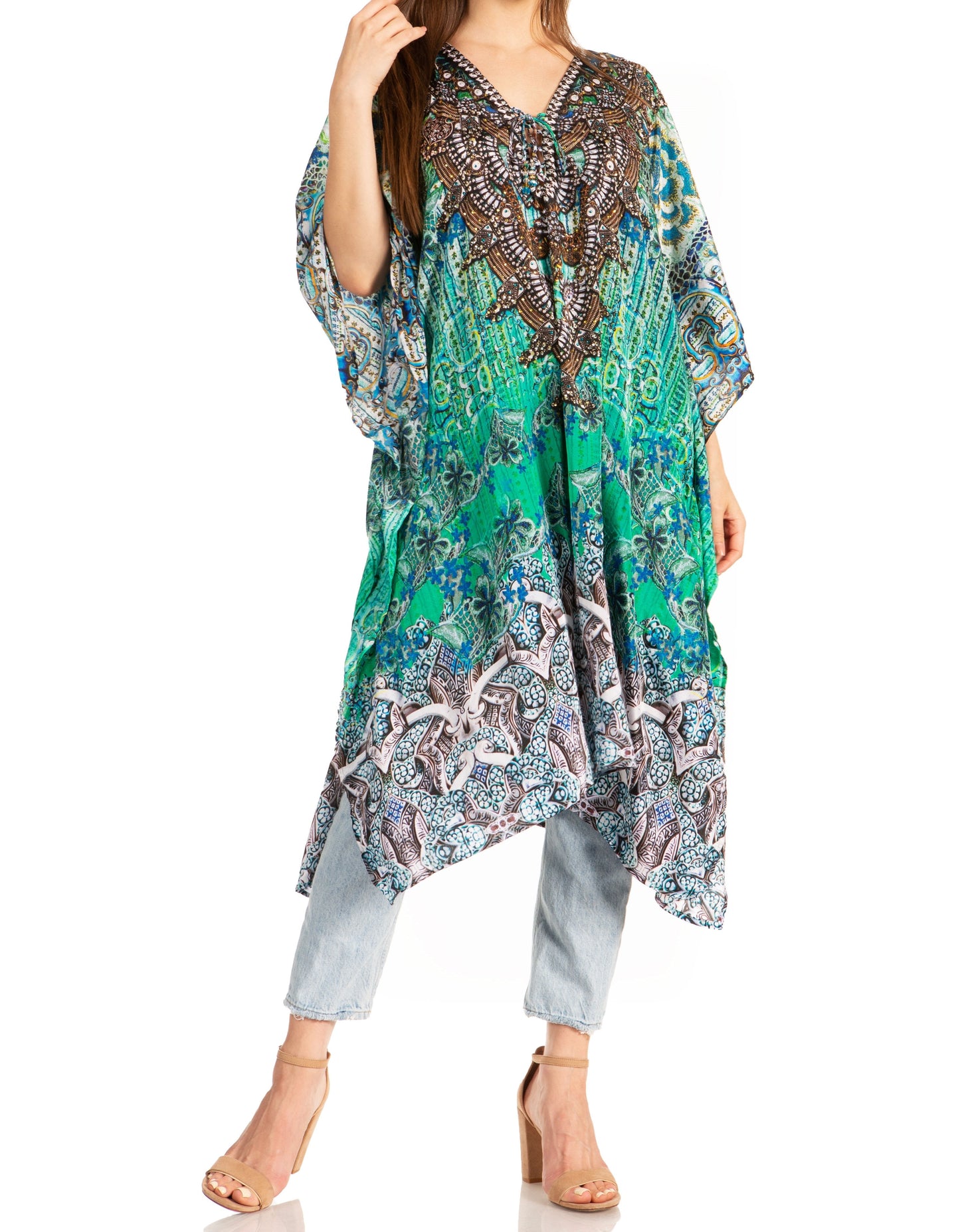 Sakkas Zeni Women's Short sleeve V-neck Summer Floral Print Caftan Dress Cover-up - Concordia Style Boutique