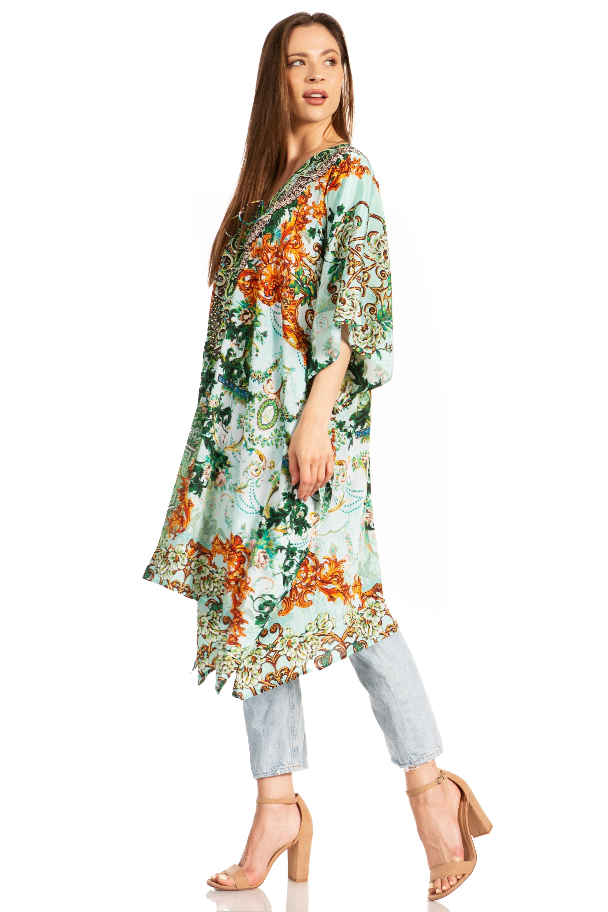 Sakkas Zeni Women's Short sleeve V-neck Summer Floral Print Caftan Dress Cover-up - Concordia Style Boutique