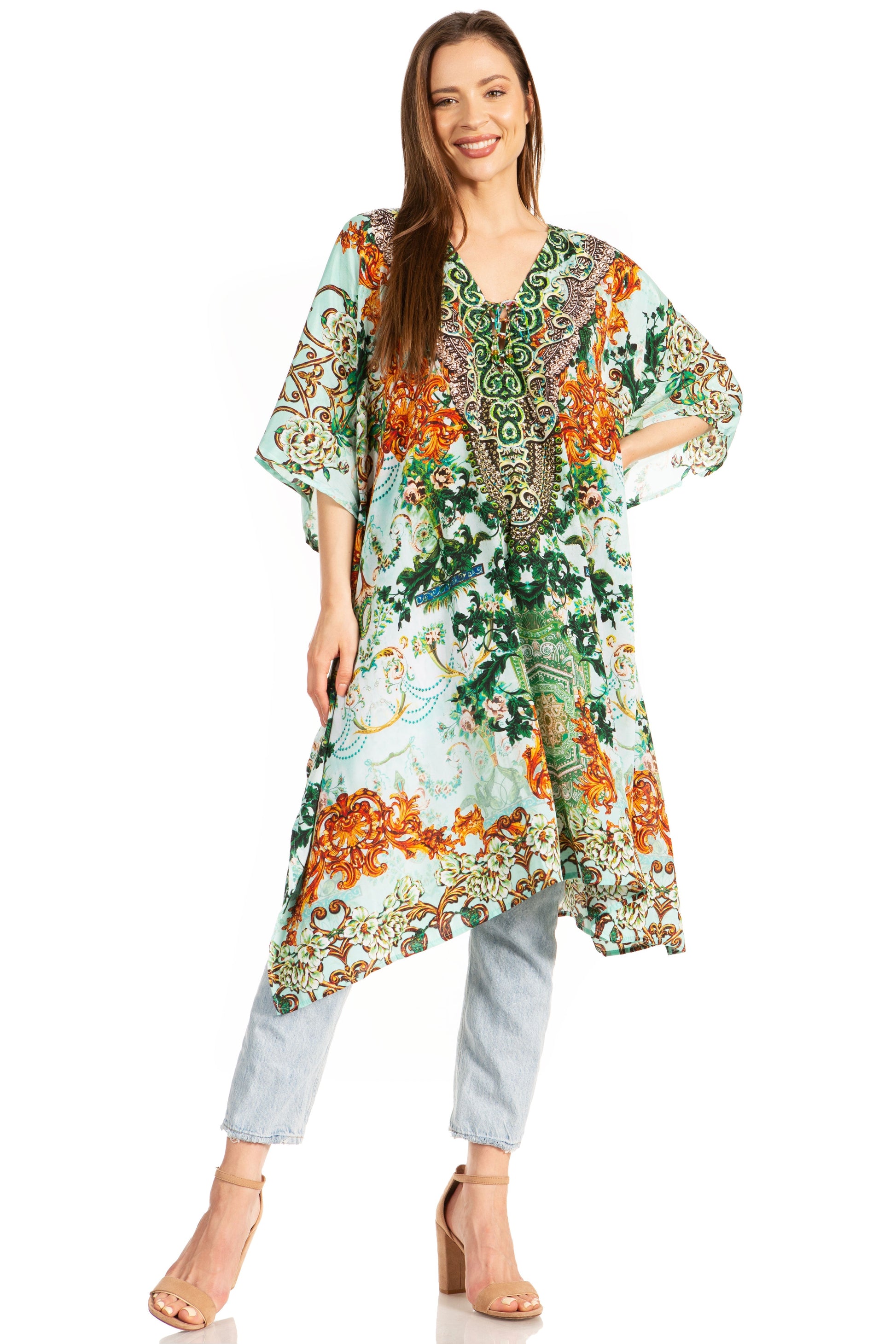 Sakkas Zeni Women's Short sleeve V-neck Summer Floral Print Caftan Dress Cover-up - Concordia Style Boutique