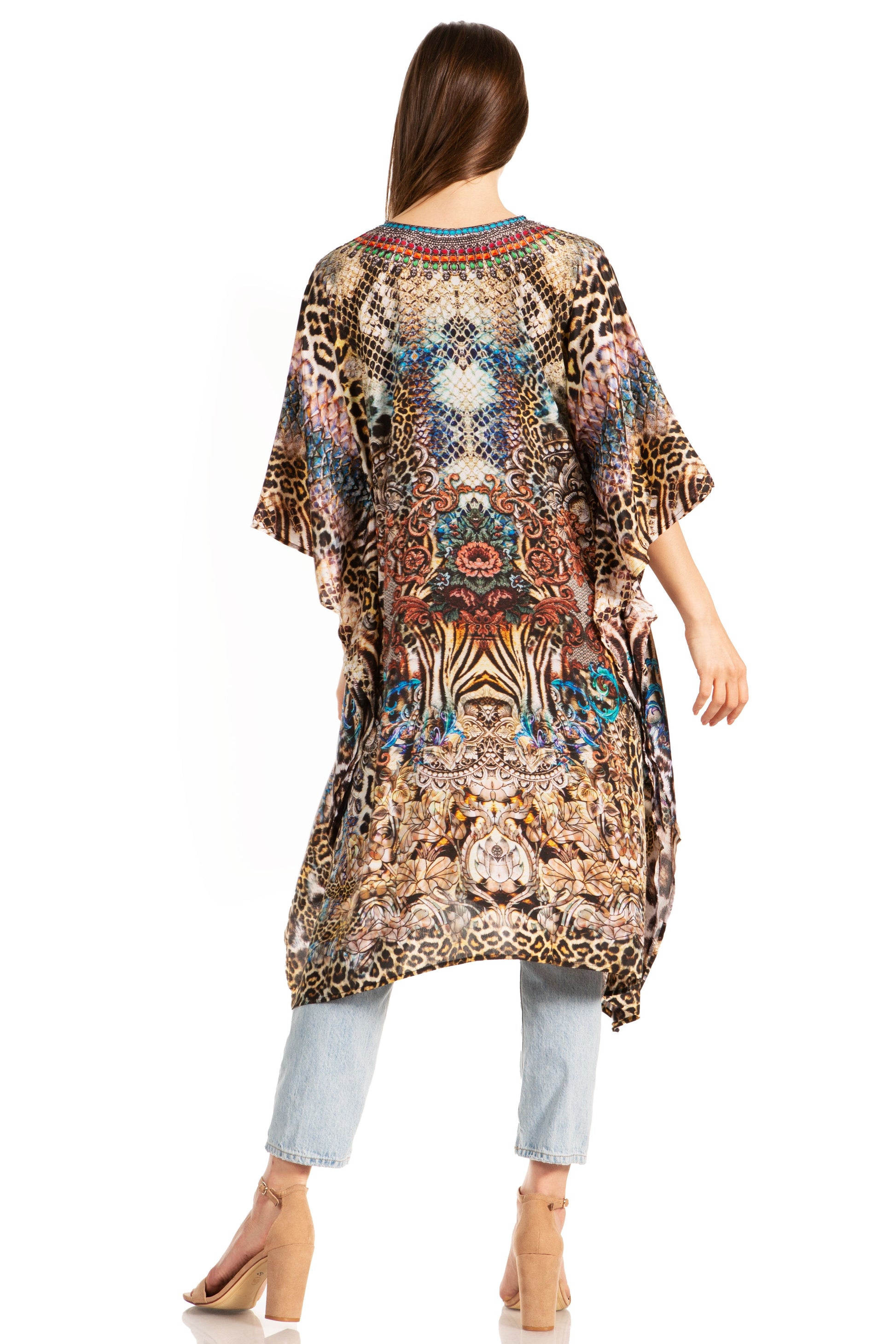 Sakkas Zeni Women's Short sleeve V-neck Summer Floral Print Caftan Dress Cover-up - Concordia Style Boutique