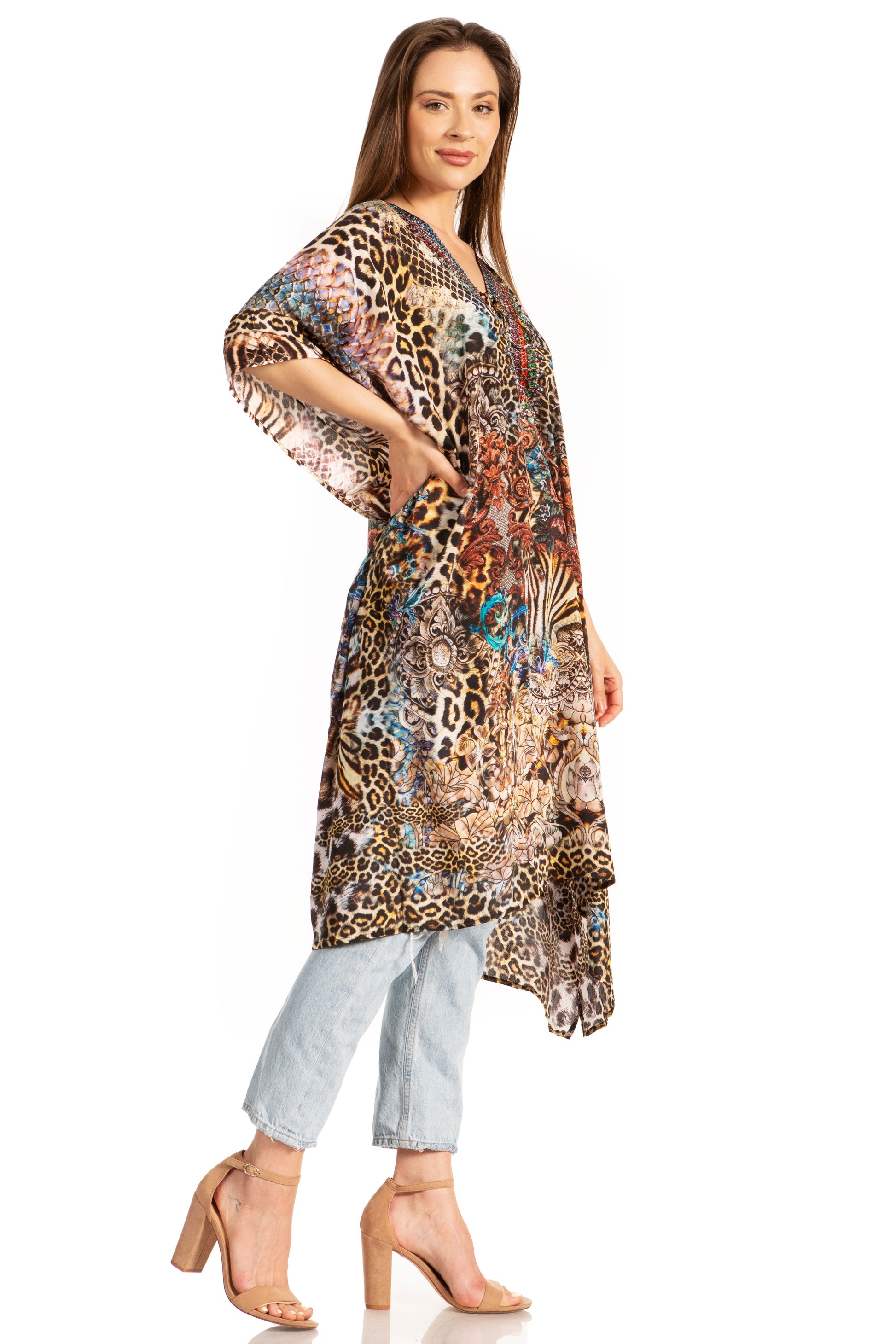 Sakkas Zeni Women's Short sleeve V-neck Summer Floral Print Caftan Dress Cover-up - Concordia Style Boutique