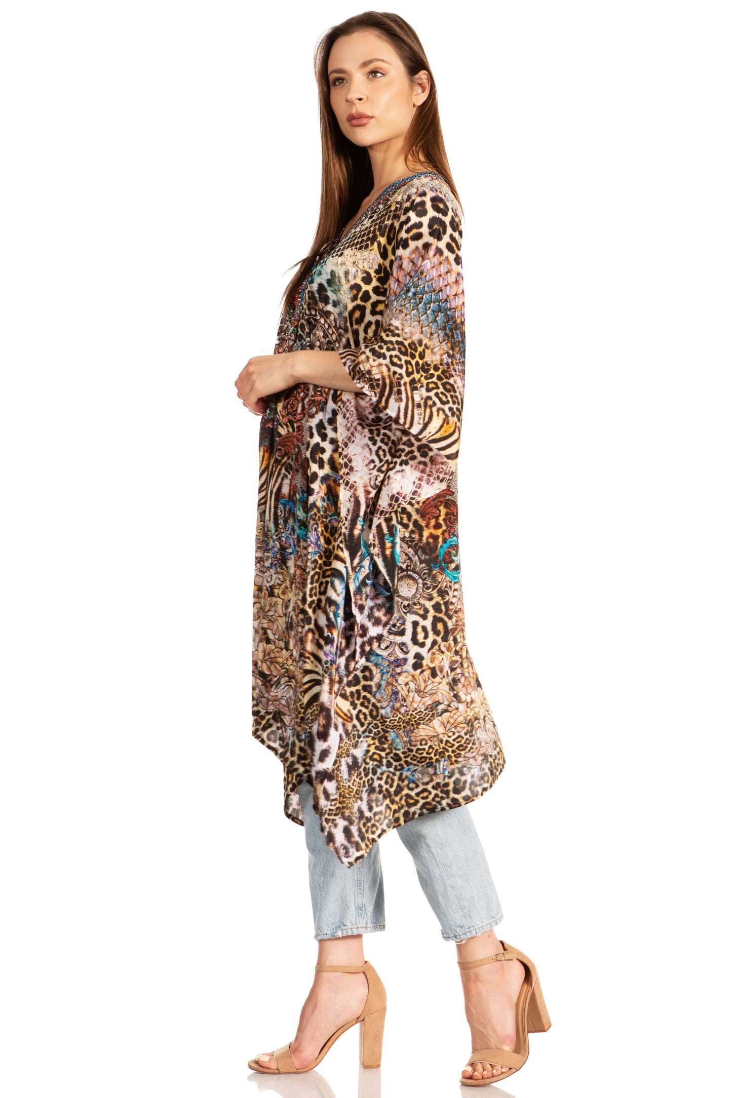 Sakkas Zeni Women's Short sleeve V-neck Summer Floral Print Caftan Dress Cover-up - Concordia Style Boutique
