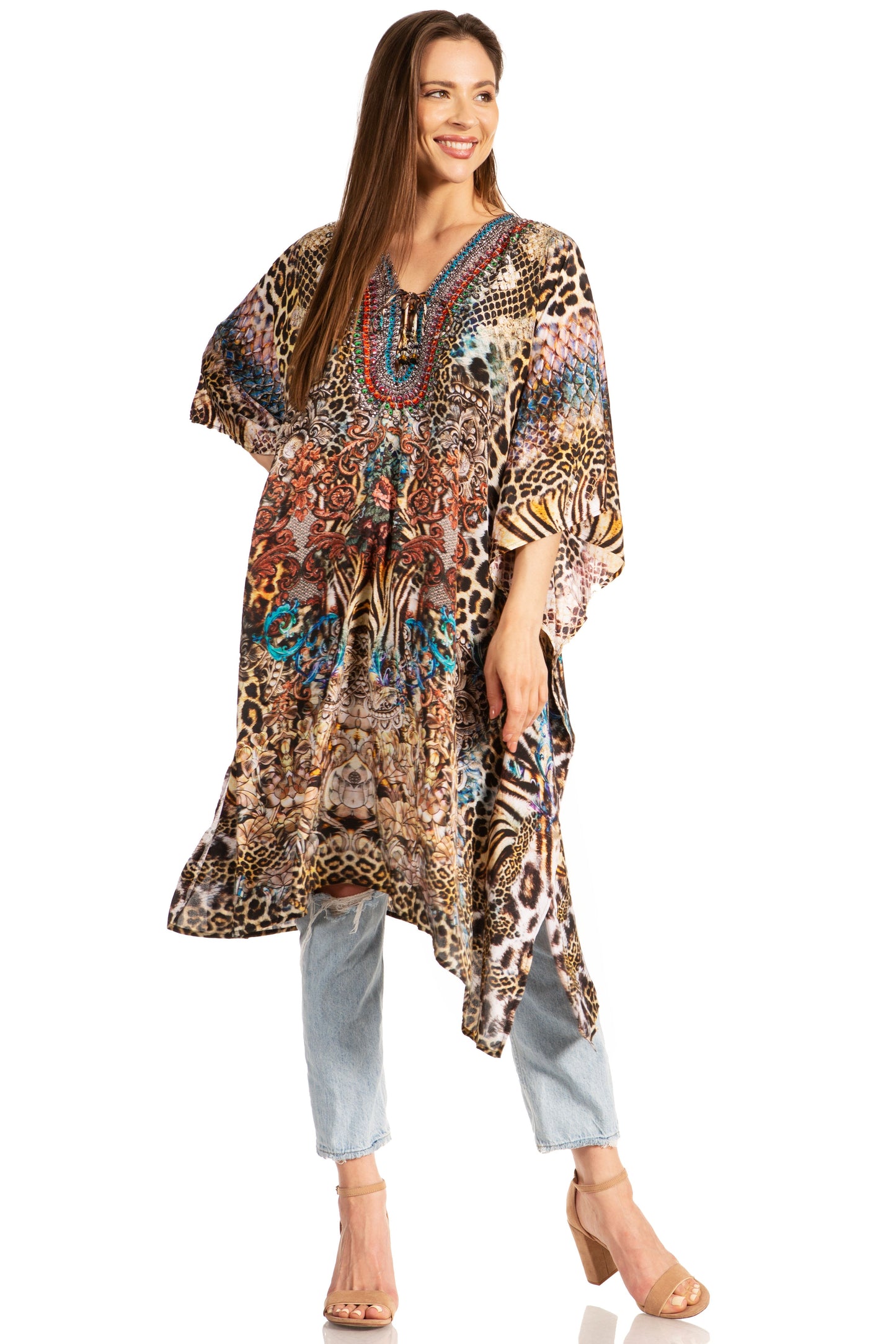 Sakkas Zeni Women's Short sleeve V-neck Summer Floral Print Caftan Dress Cover-up - Concordia Style Boutique