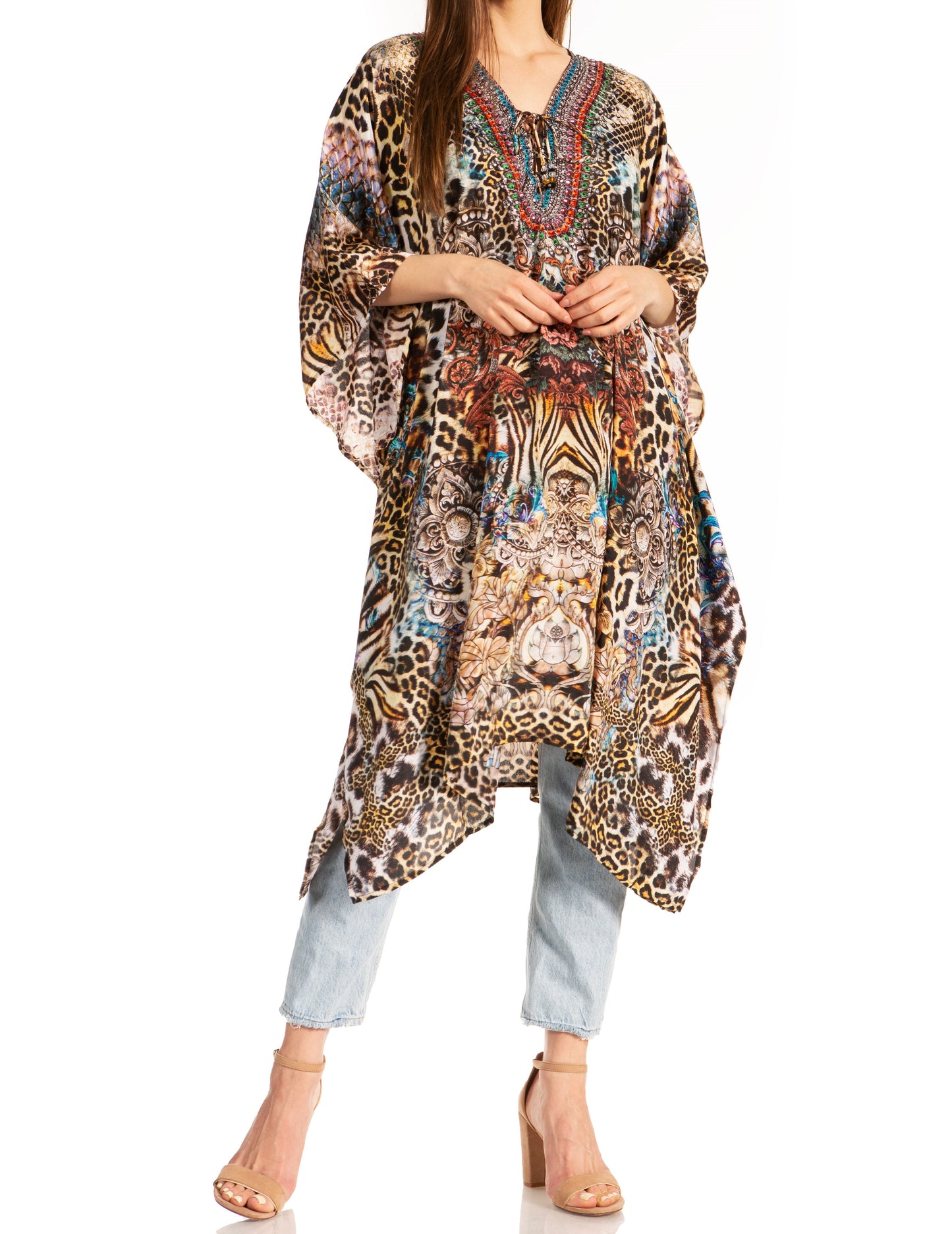 Sakkas Zeni Women's Short sleeve V-neck Summer Floral Print Caftan Dress Cover-up - Concordia Style Boutique