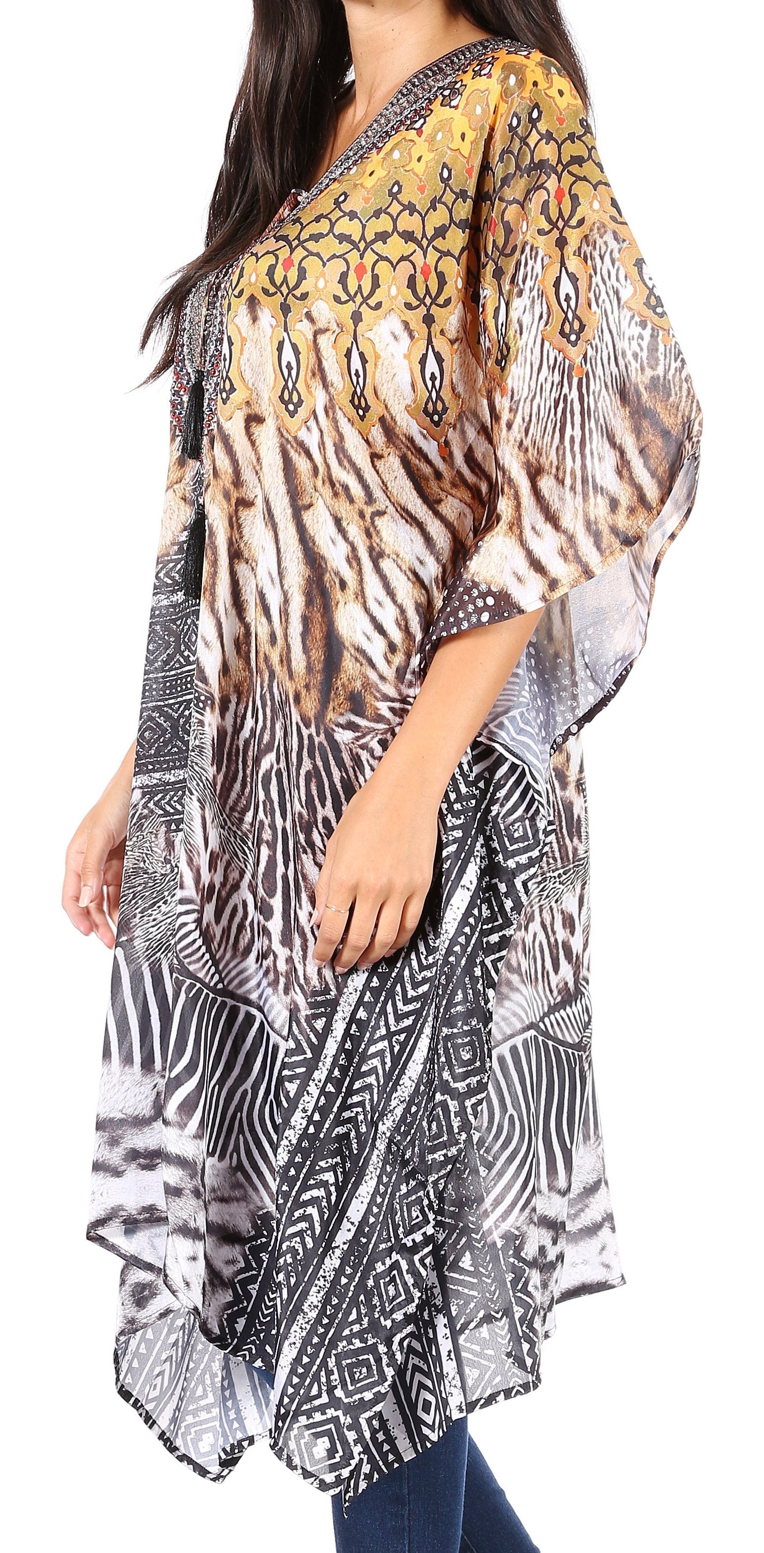 Sakkas Zeni Women's Short sleeve V-neck Summer Floral Print Caftan Dress Cover-up - Concordia Style Boutique