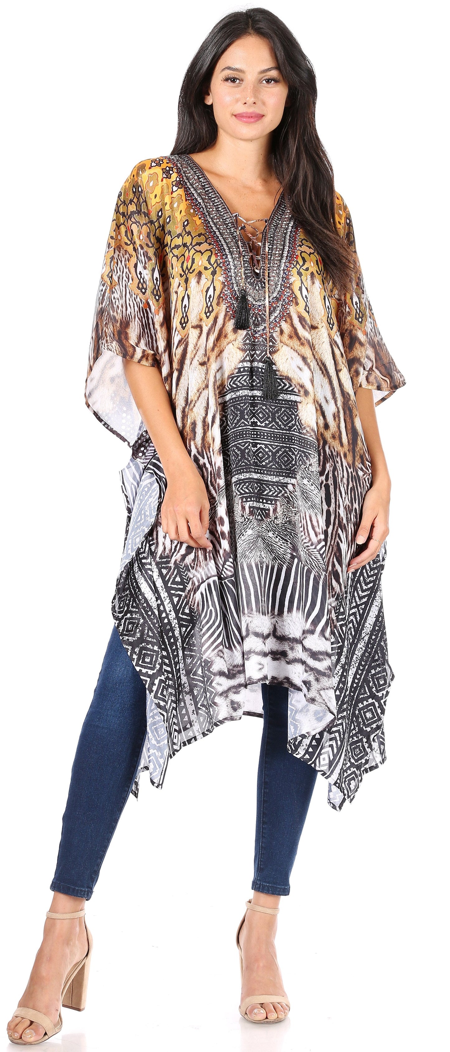 Sakkas Zeni Women's Short sleeve V-neck Summer Floral Print Caftan Dress Cover-up - Concordia Style Boutique