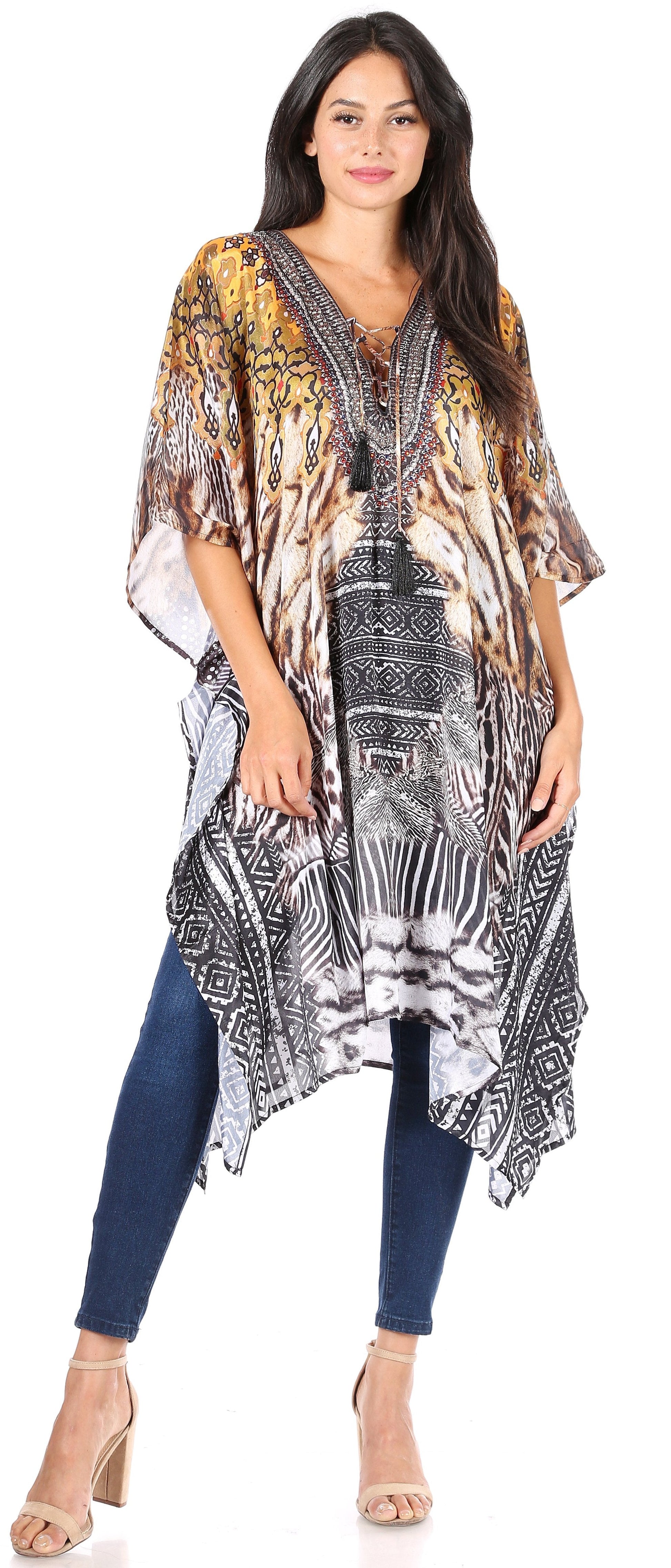Sakkas Zeni Women's Short sleeve V-neck Summer Floral Print Caftan Dress Cover-up - Concordia Style Boutique
