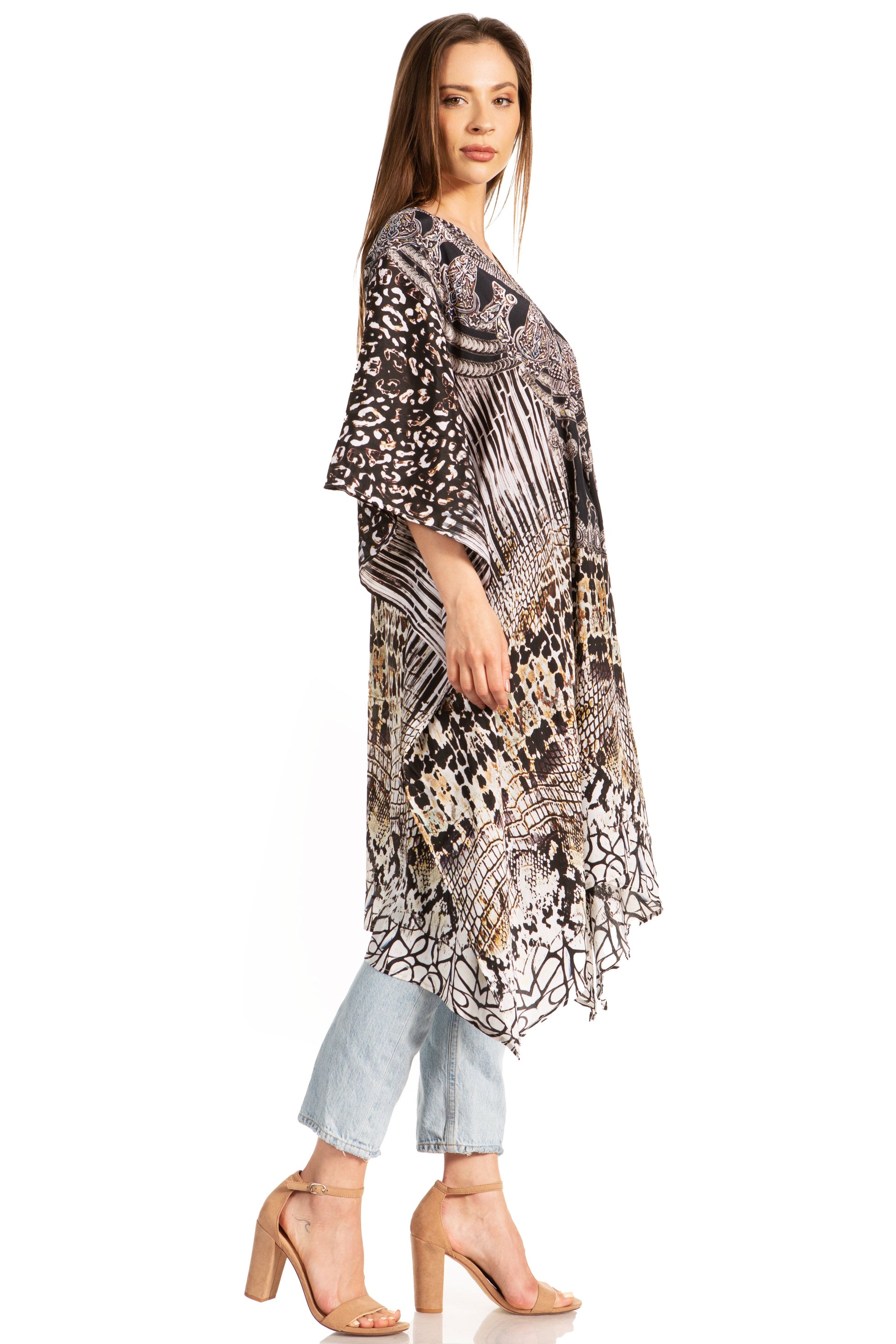 Sakkas Zeni Women's Short sleeve V-neck Summer Floral Print Caftan Dress Cover-up - Concordia Style Boutique