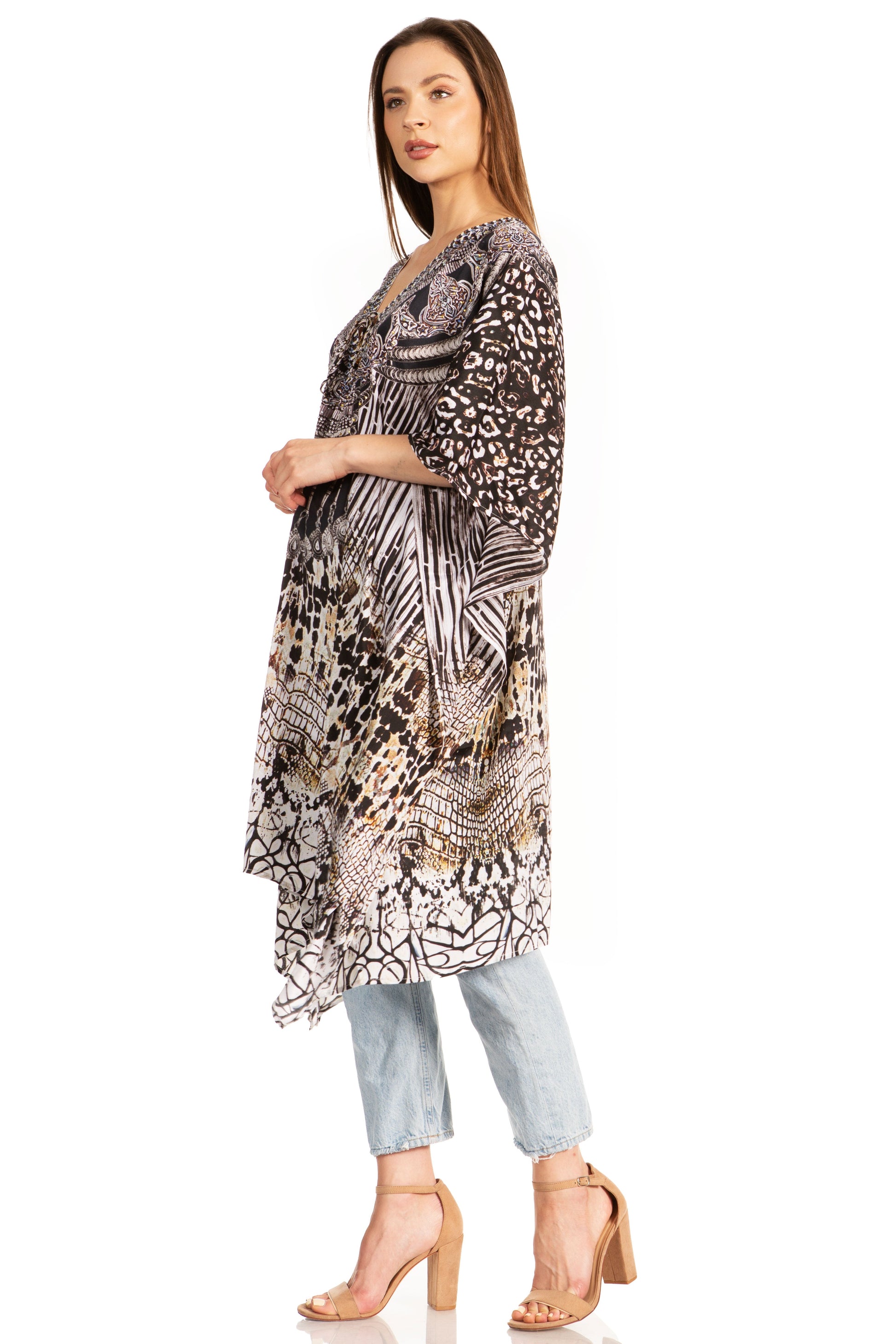 Sakkas Zeni Women's Short sleeve V-neck Summer Floral Print Caftan Dress Cover-up - Concordia Style Boutique