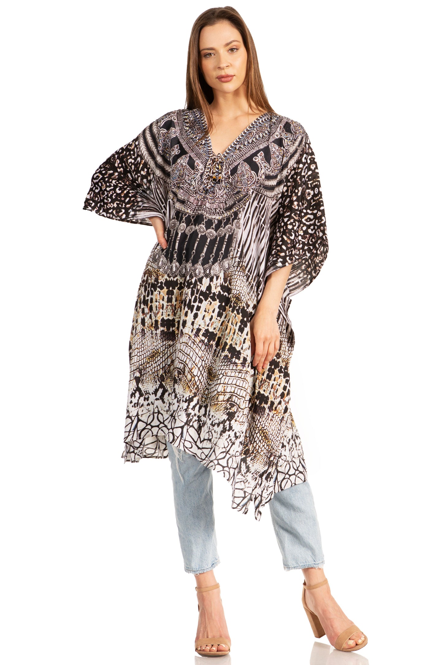 Sakkas Zeni Women's Short sleeve V-neck Summer Floral Print Caftan Dress Cover-up - Concordia Style Boutique