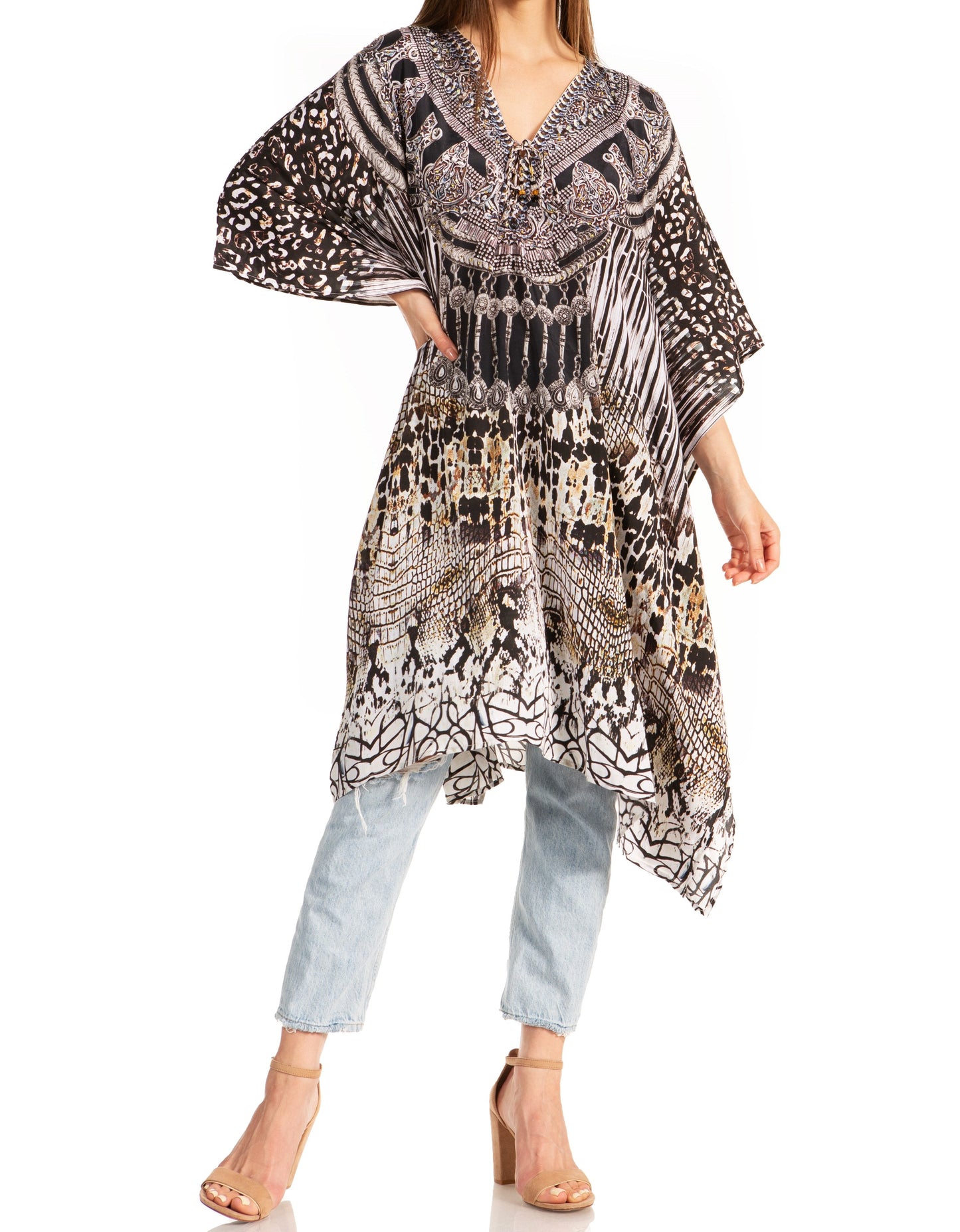 Sakkas Zeni Women's Short sleeve V-neck Summer Floral Print Caftan Dress Cover-up - Concordia Style Boutique