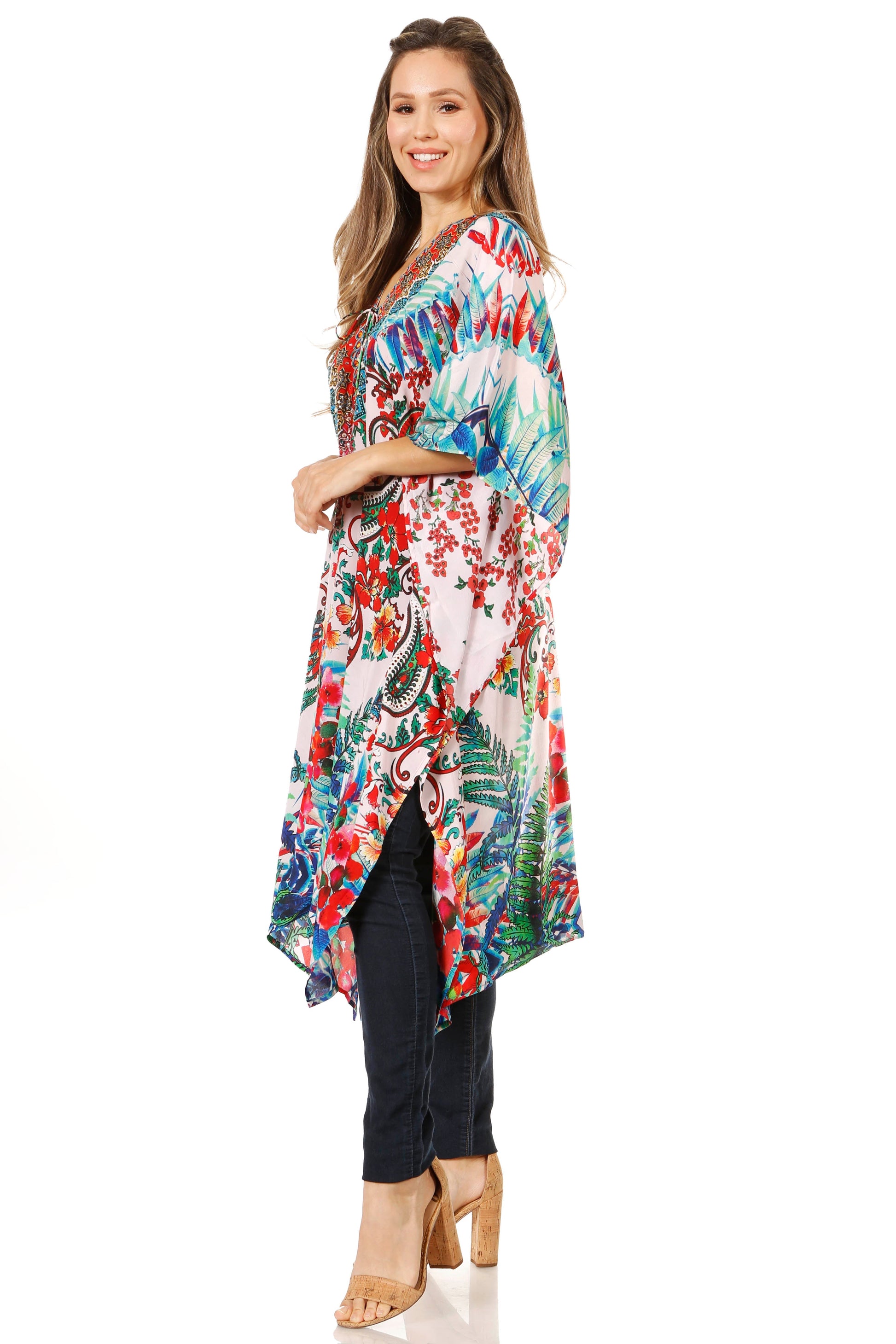 Sakkas Zeni Women's Short sleeve V-neck Summer Floral Print Caftan Dress Cover-up - Concordia Style Boutique