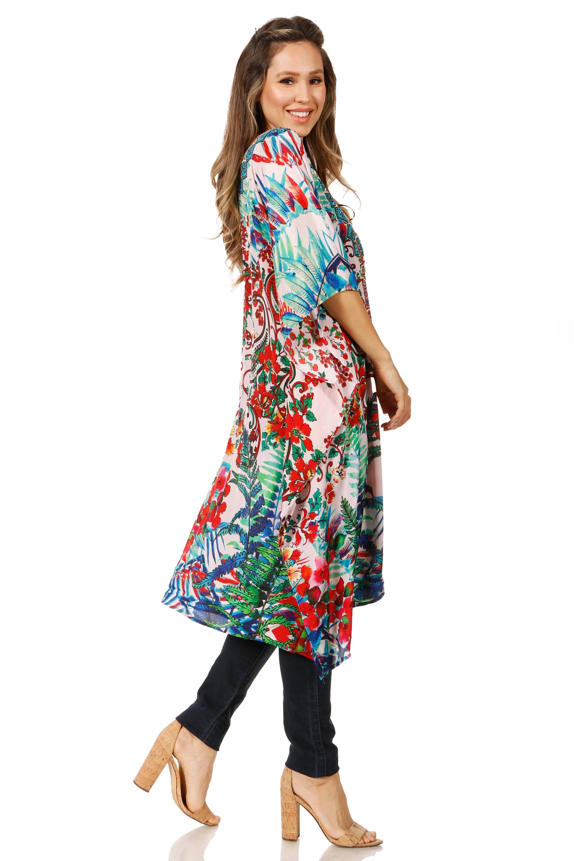 Sakkas Zeni Women's Short sleeve V-neck Summer Floral Print Caftan Dress Cover-up - Concordia Style Boutique