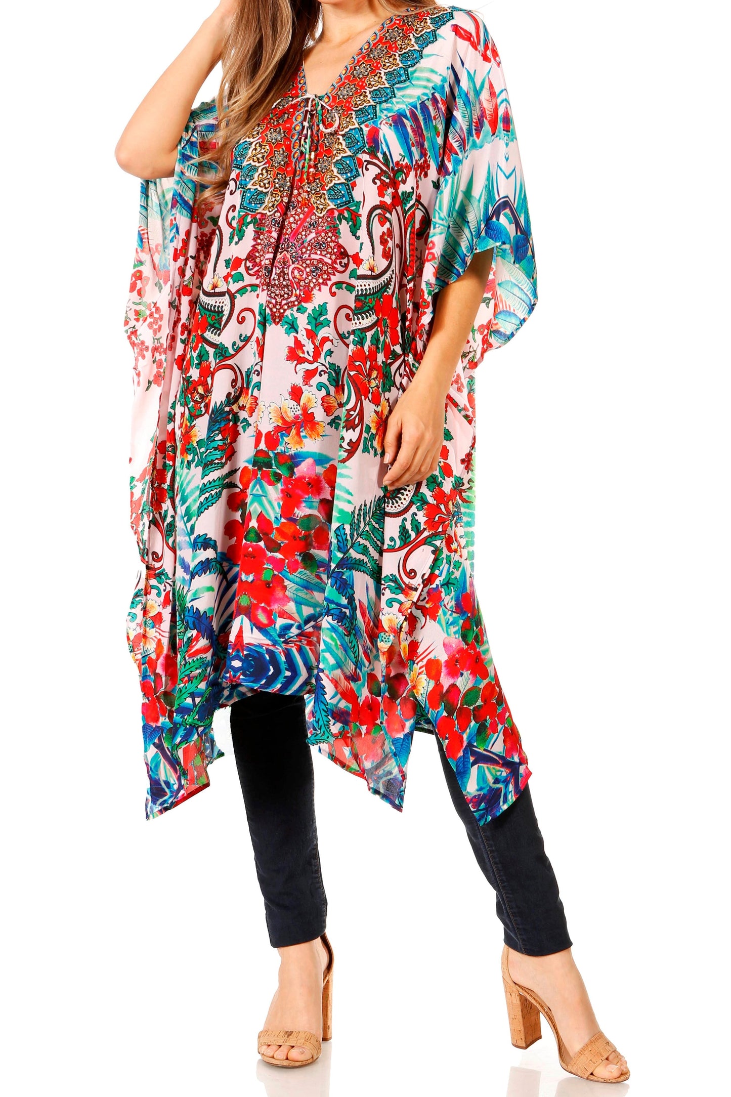 Sakkas Zeni Women's Short sleeve V-neck Summer Floral Print Caftan Dress Cover-up - Concordia Style Boutique
