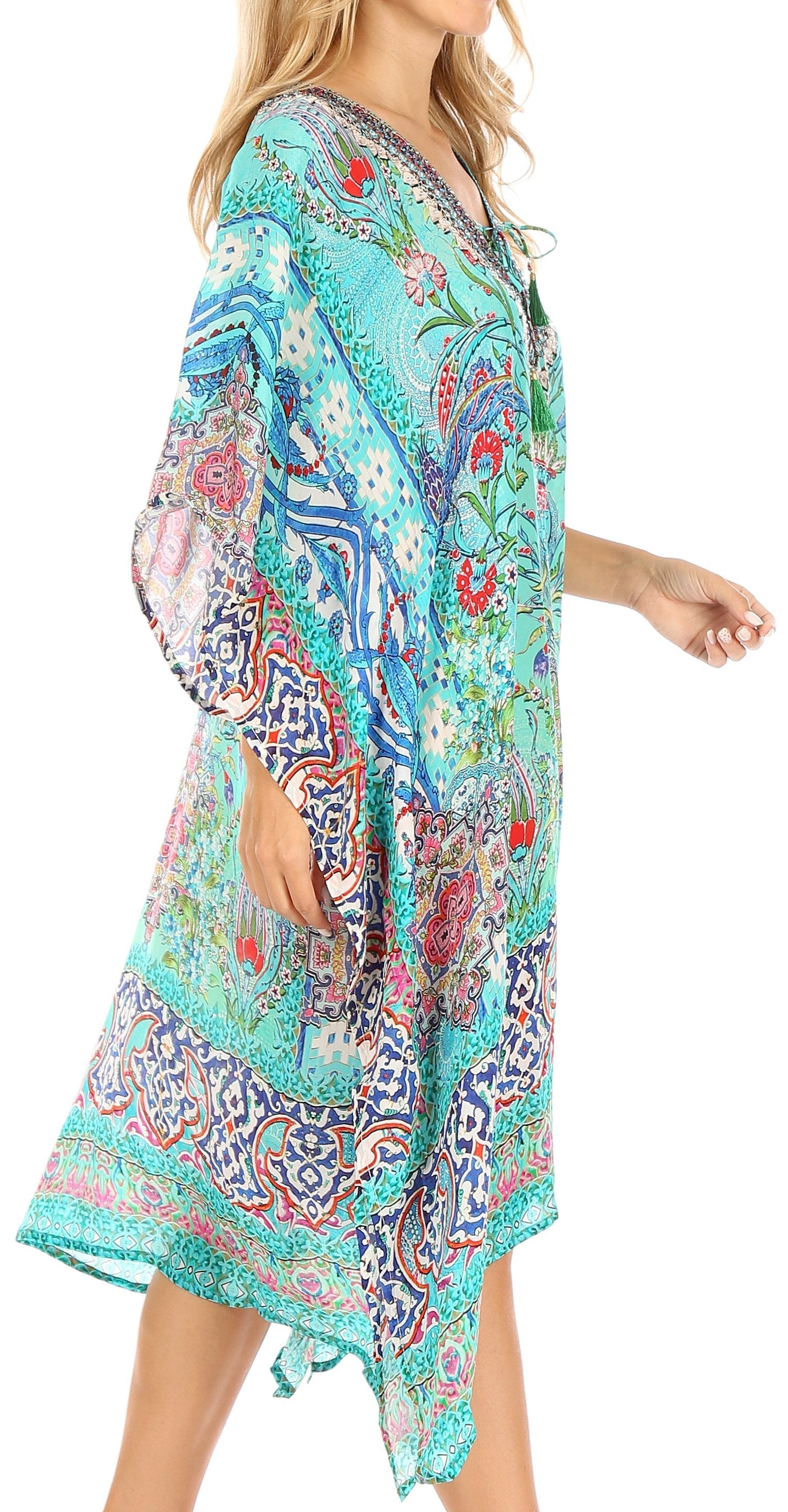 Sakkas Zeni Women's Short sleeve V-neck Summer Floral Print Caftan Dress Cover-up - Concordia Style Boutique