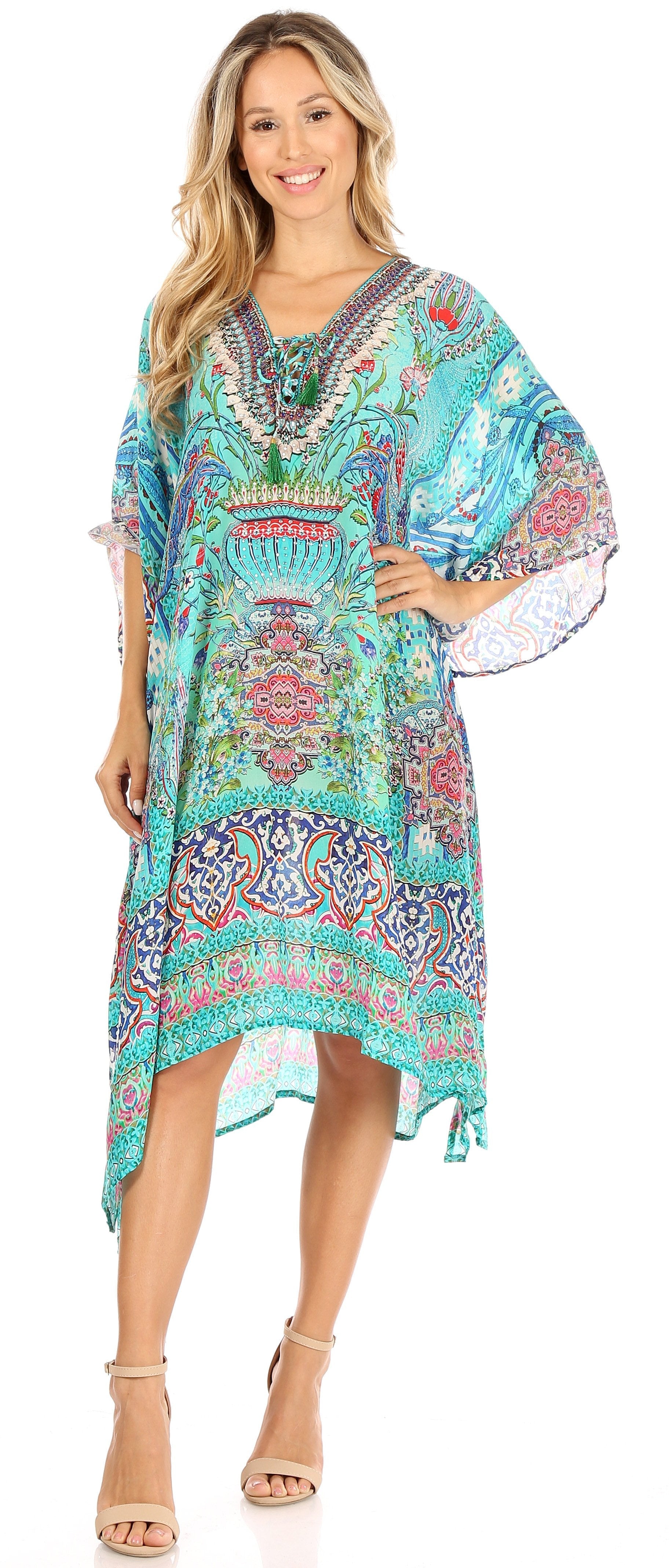 Sakkas Zeni Women's Short sleeve V-neck Summer Floral Print Caftan Dress Cover-up - Concordia Style Boutique