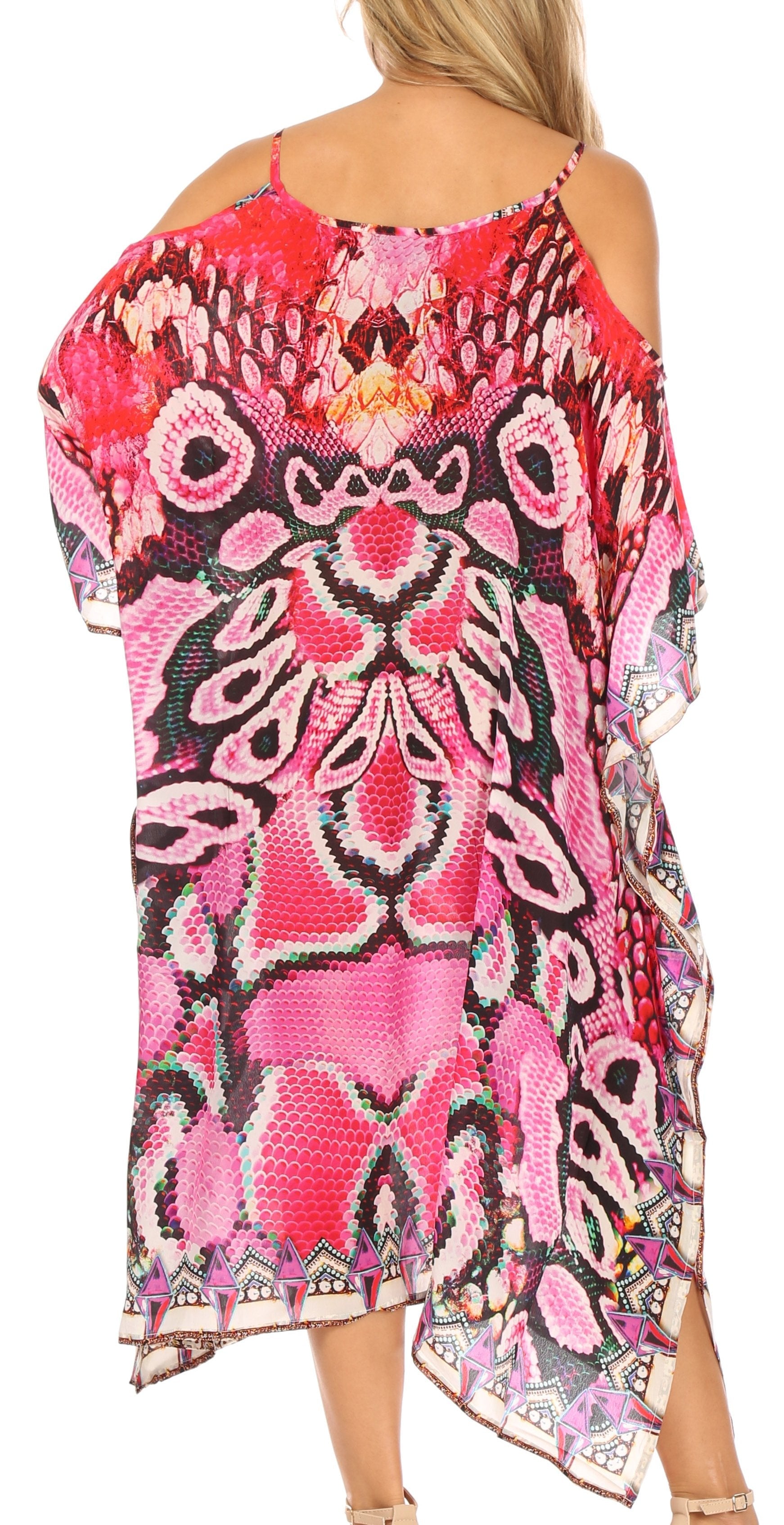 Sakkas Amaya Loose Fit Long Printed Strappy Cutout Shoulder Boat Neck Kaftan Dress - Concordia Style Boutique